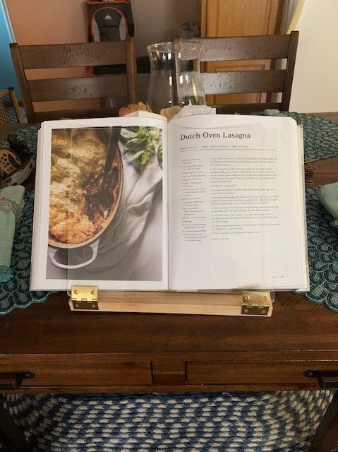 Original Hinged Cookbook Holder - Acrylic Shield With Wood Base and Brass Plated Hinges - Made in the USA customer photo 1