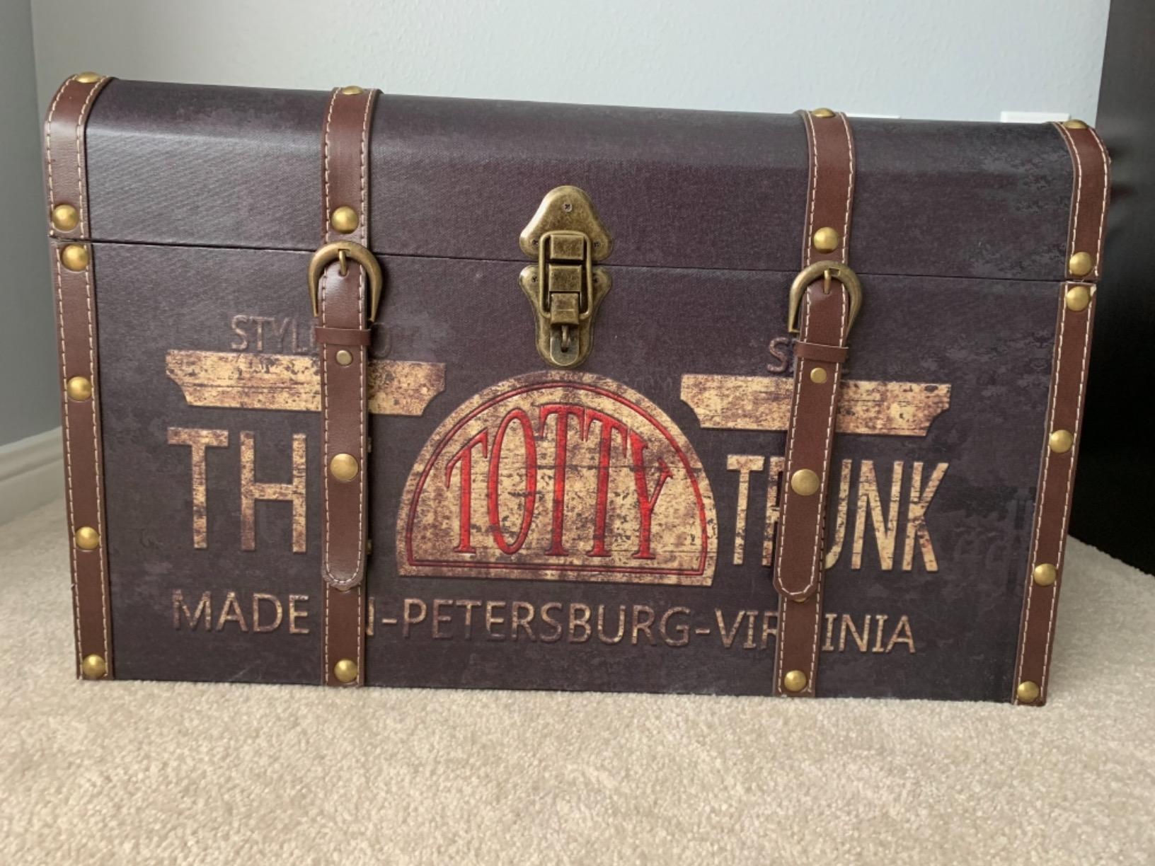 Household Essentials Large Decorative Trunk, Vintage Decoupage, Metal Accents with Leather Strapping, Strong MDF Frame, Clasps Shut, Brown customer photo 1