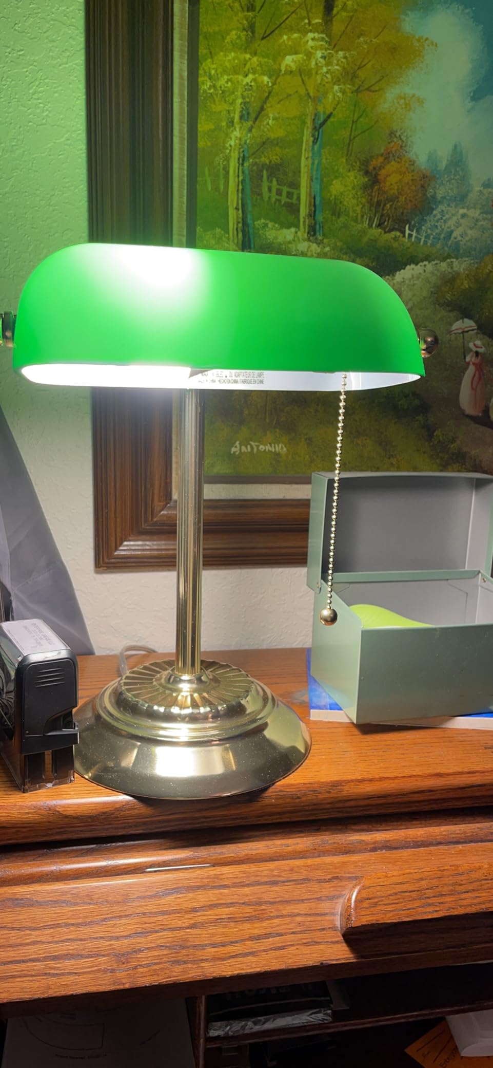 Catalina Lighting 17466-017 13.5'' Traditional Banker's Lamp Light Fixture with Green Glass Cylinder Shade for Office, Library, Living Room, or Dorm, Polished Brass customer photo 1