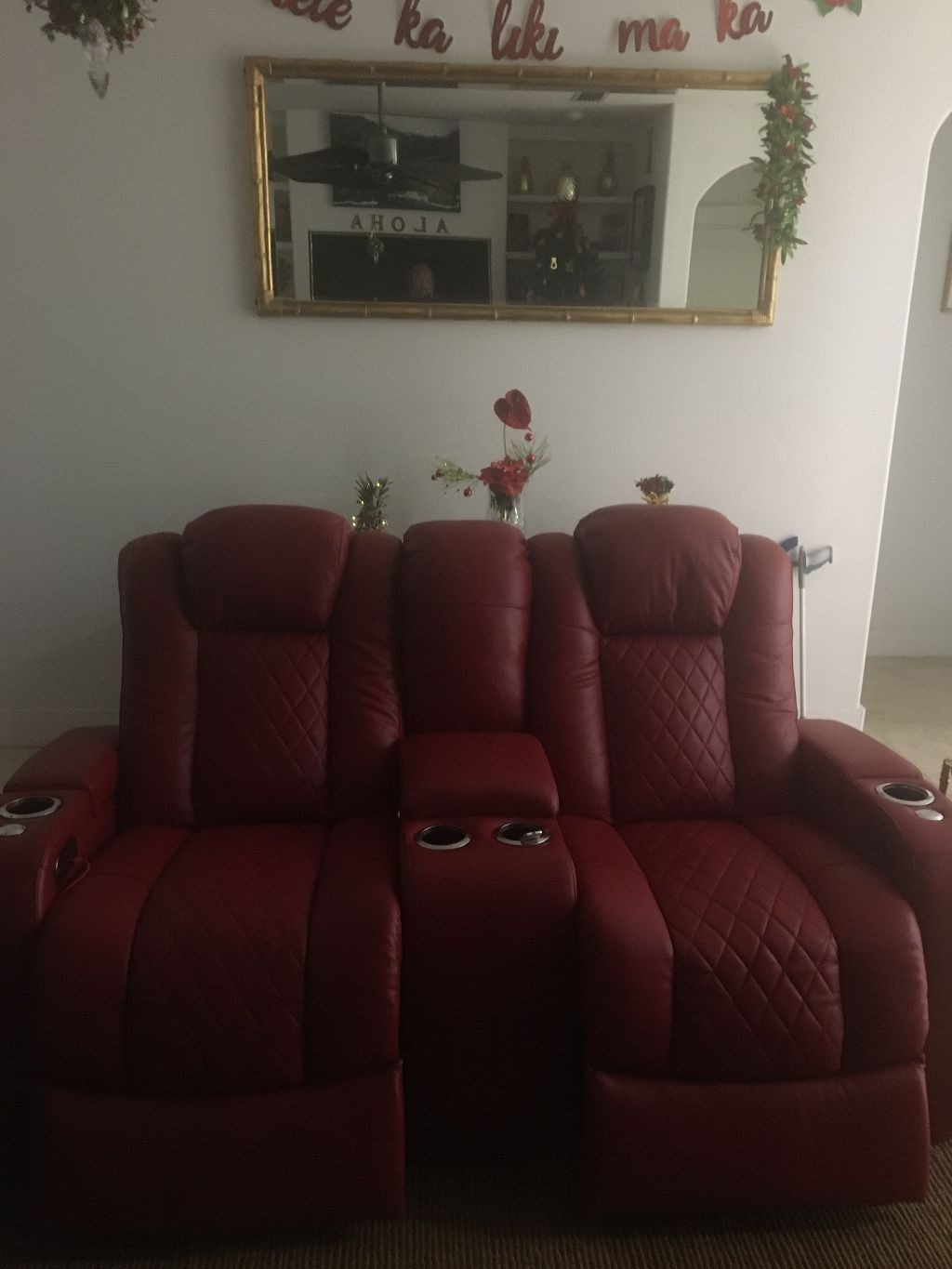 Seatcraft Anthem Home Theater Seating - Italian Leather - Power Recline Loveseat - Center Storage Console - Powered Headrests - Arm Storage - USB Charging - Cup Holders, Brown customer photo 1