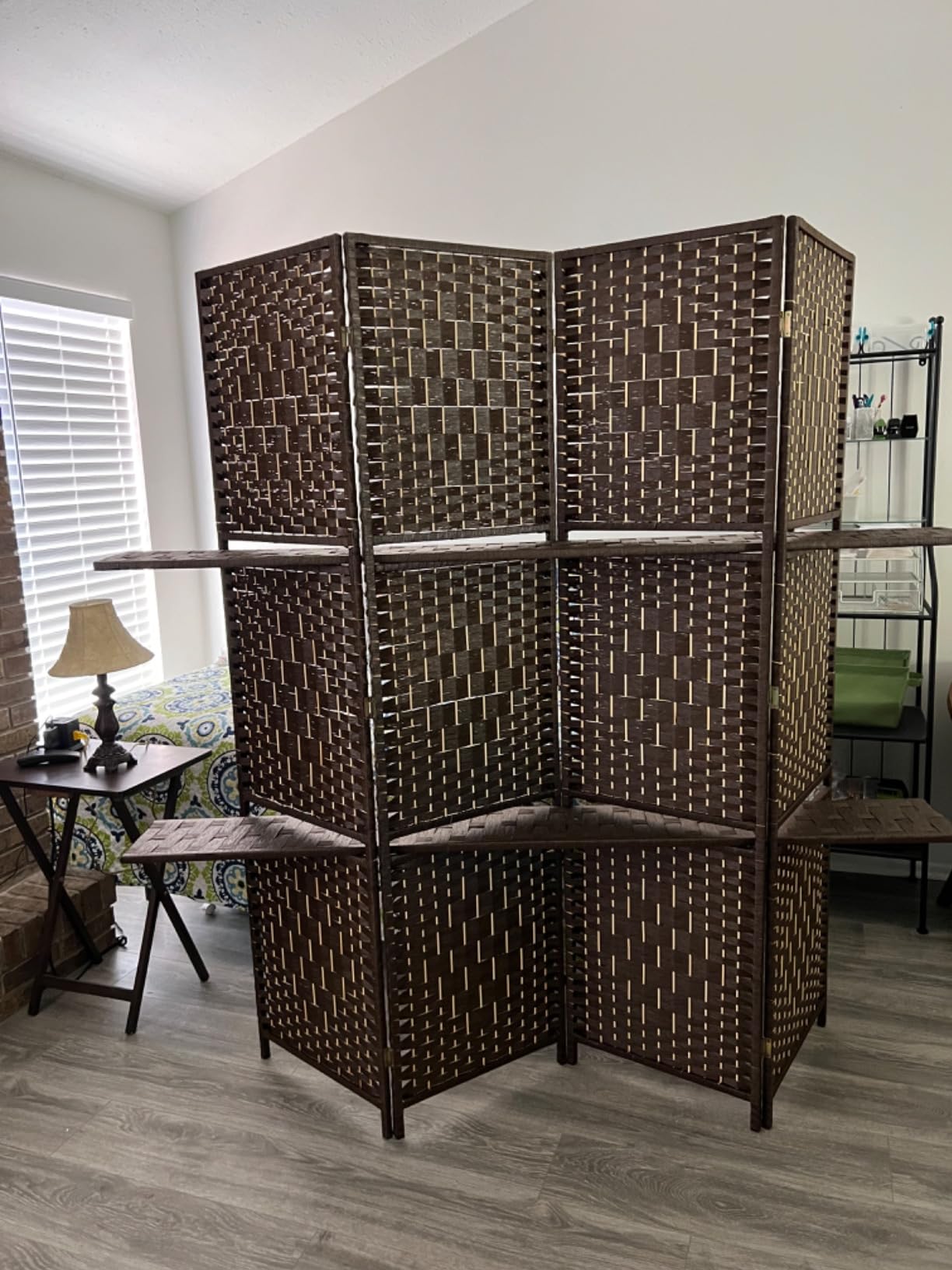 FDW Room Divider 4 Panel Room Screen Divider Wooden Screen Folding Portable Partition Screens Wood with Removable Storage Shelves, Brown customer photo 2