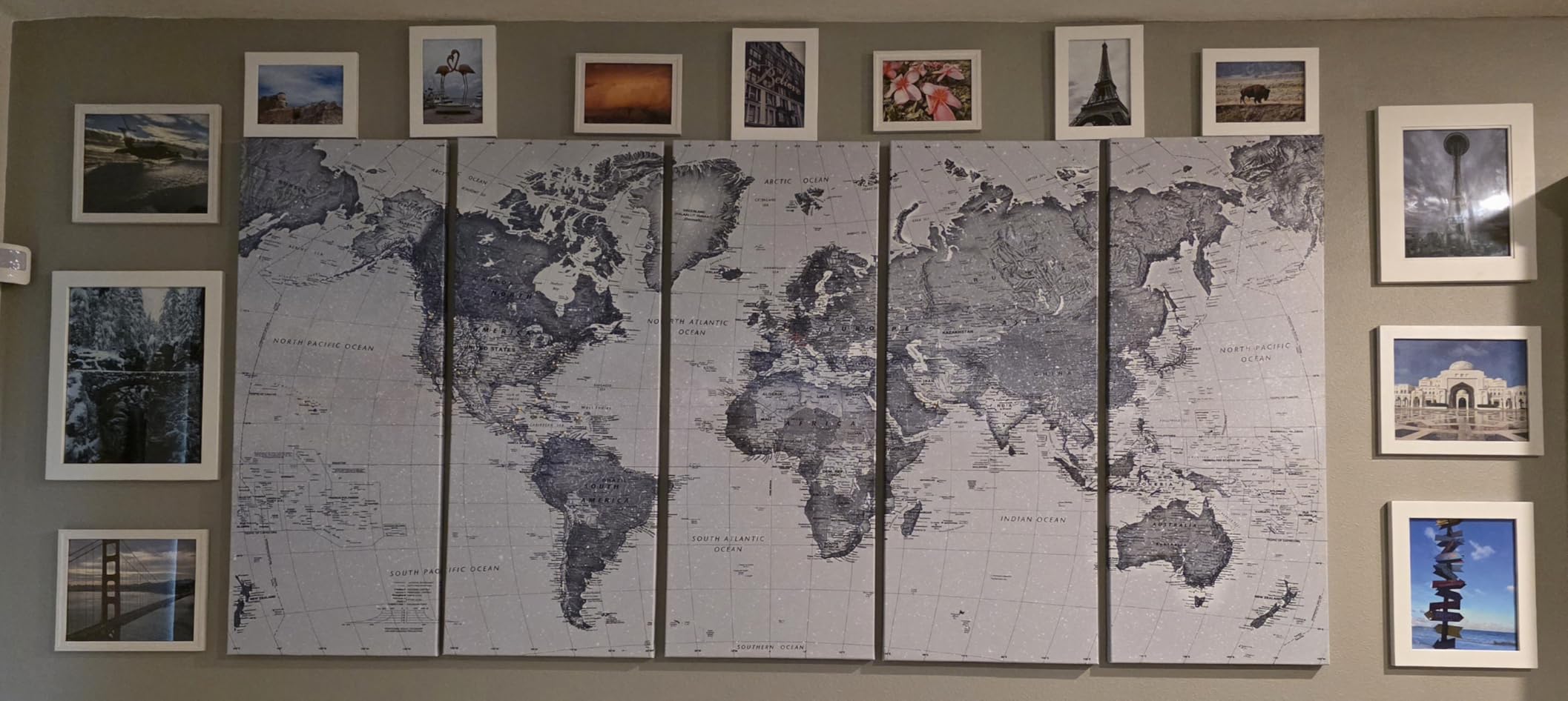 iKNOW FOTO 5 Pieces Vintage World Map Canvas Prints Push Pin Wall Art Decor Trace Travel Marks The Map of The World Antique Framed Picture for Living Room Office 16x40inx5 customer photo 1