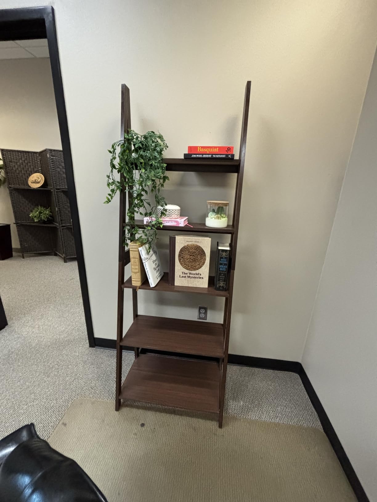 Amazon Basics 5-Tier Ladder Bookshelf Storage Organizer, Tall Bookcase for Small Space, Solid Rubberwood Frame, Modern Display Shelf, Espresso Finish, 14