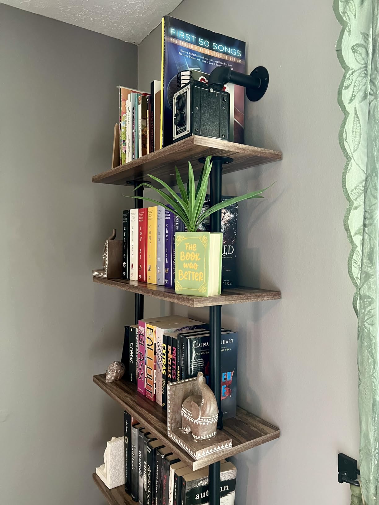HOMBAZAAR Industrial Pipe Bookshelf, 6 Tier Pipe Shelving, Wall Mounted Ladder Shelves with Metal Frame for Home Office, Living Room, Oak Brown customer photo 1