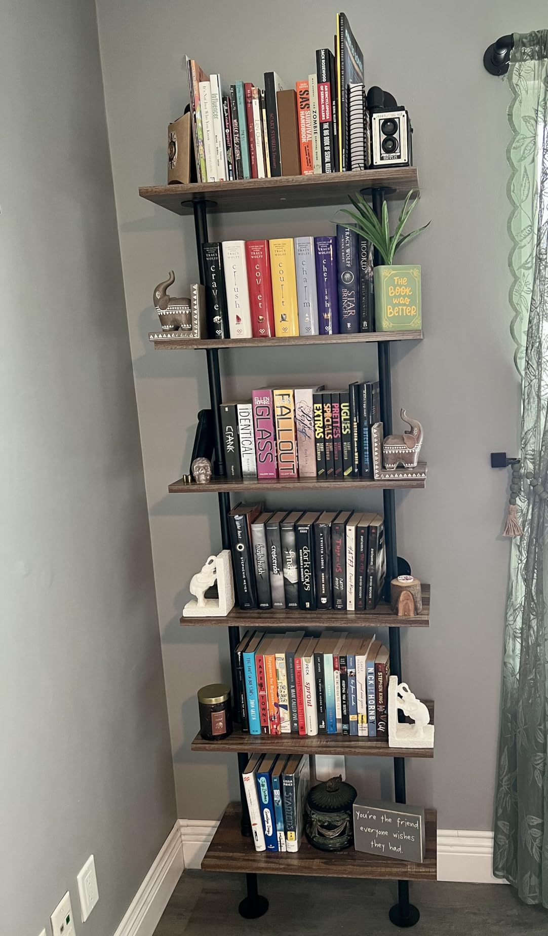 HOMBAZAAR Industrial Pipe Bookshelf, 6 Tier Pipe Shelving, Wall Mounted Ladder Shelves with Metal Frame for Home Office, Living Room, Oak Brown customer photo 2