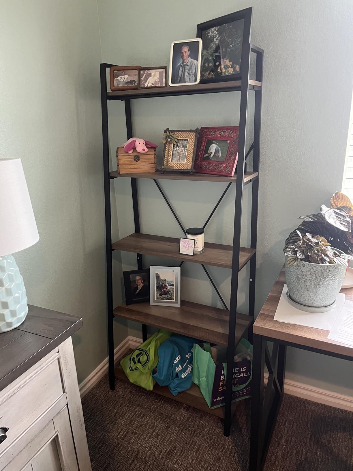 BON AUGURE 5-Tier Ladder Shelf, Industrial Leaning Bookcase, Wood and Metal Ladder Bookshelf for Living Room, Bedroom, Kitchen, Home Office (Grey Oak) customer photo 1
