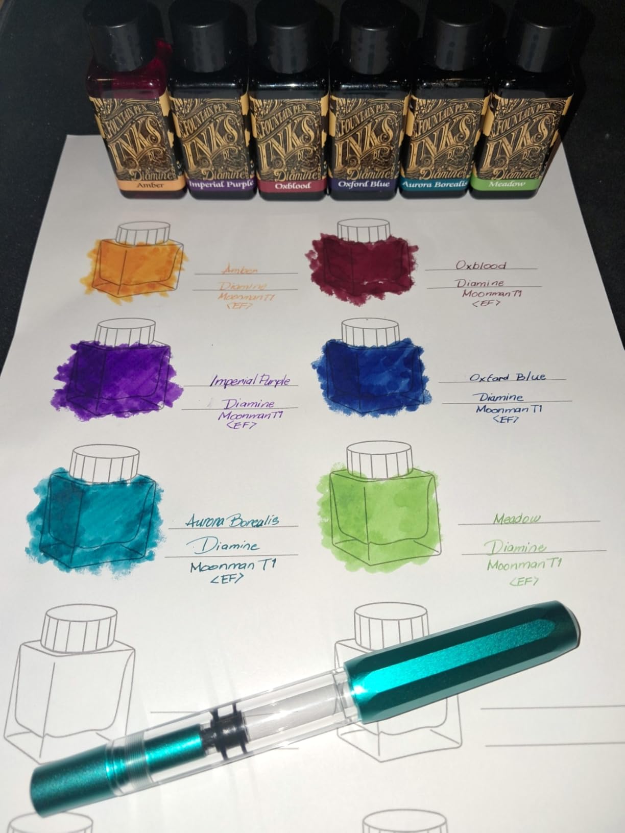 Diamine Fountain Pen Ink 30 ml - Colour Palette - 6 x Bottles - Amber, Oxblood, Imperial Purple, Aurora Borealis, Oxford Blue, Meadow customer photo 2