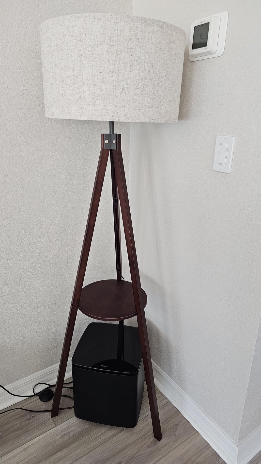 LEPOWER Tripod Floor Lamp, Mid Century Wood Standing Lamp, Modern Design Shelf Floor Lamp for Living Room, Bedroom, Office, Flaxen Linen Shade with E26 Base Brown customer photo 1