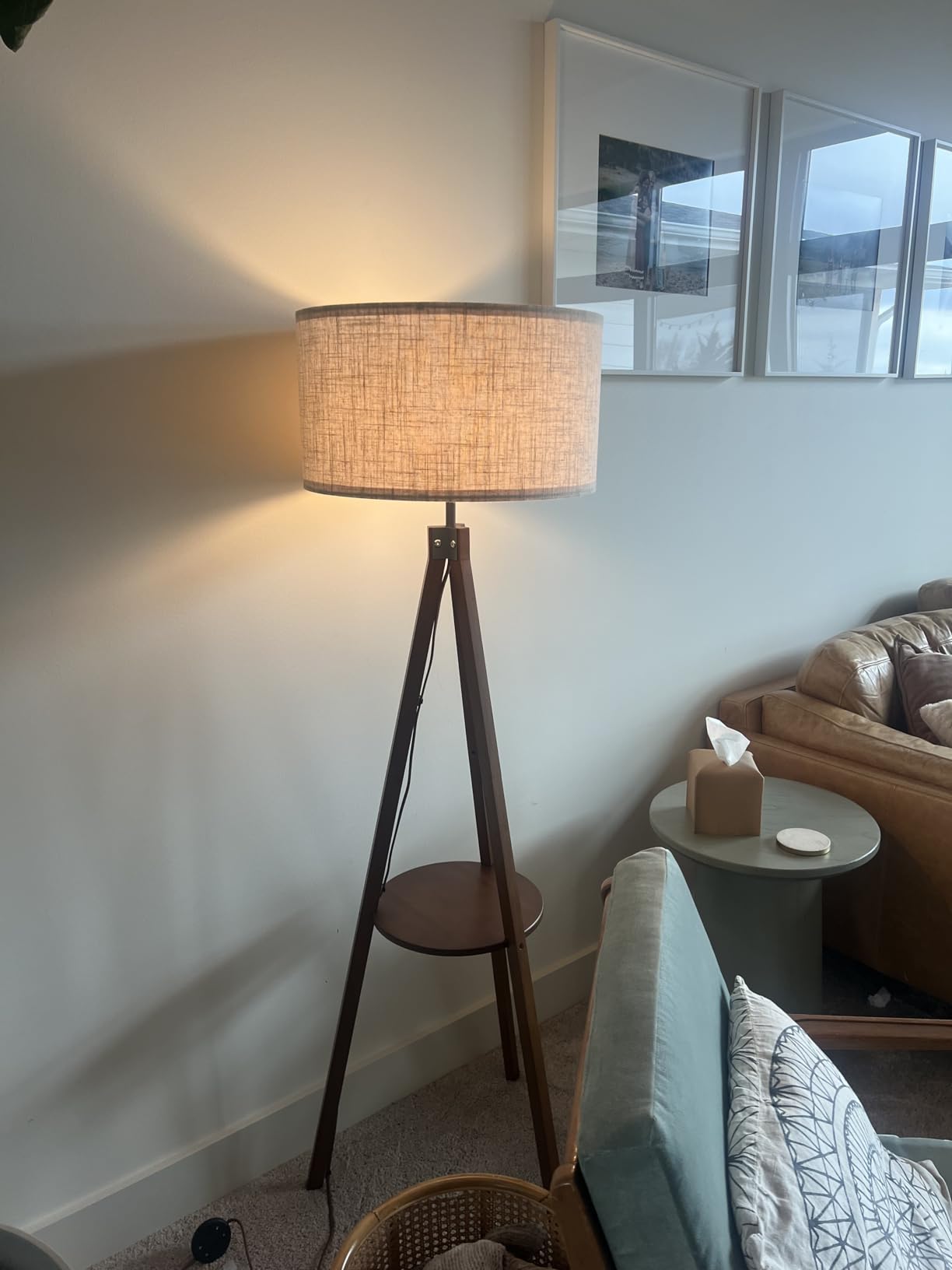 LEPOWER Tripod Floor Lamp, Mid Century Wood Standing Lamp, Modern Design Shelf Floor Lamp for Living Room, Bedroom, Office, Flaxen Linen Shade with E26 Base Brown customer photo 2