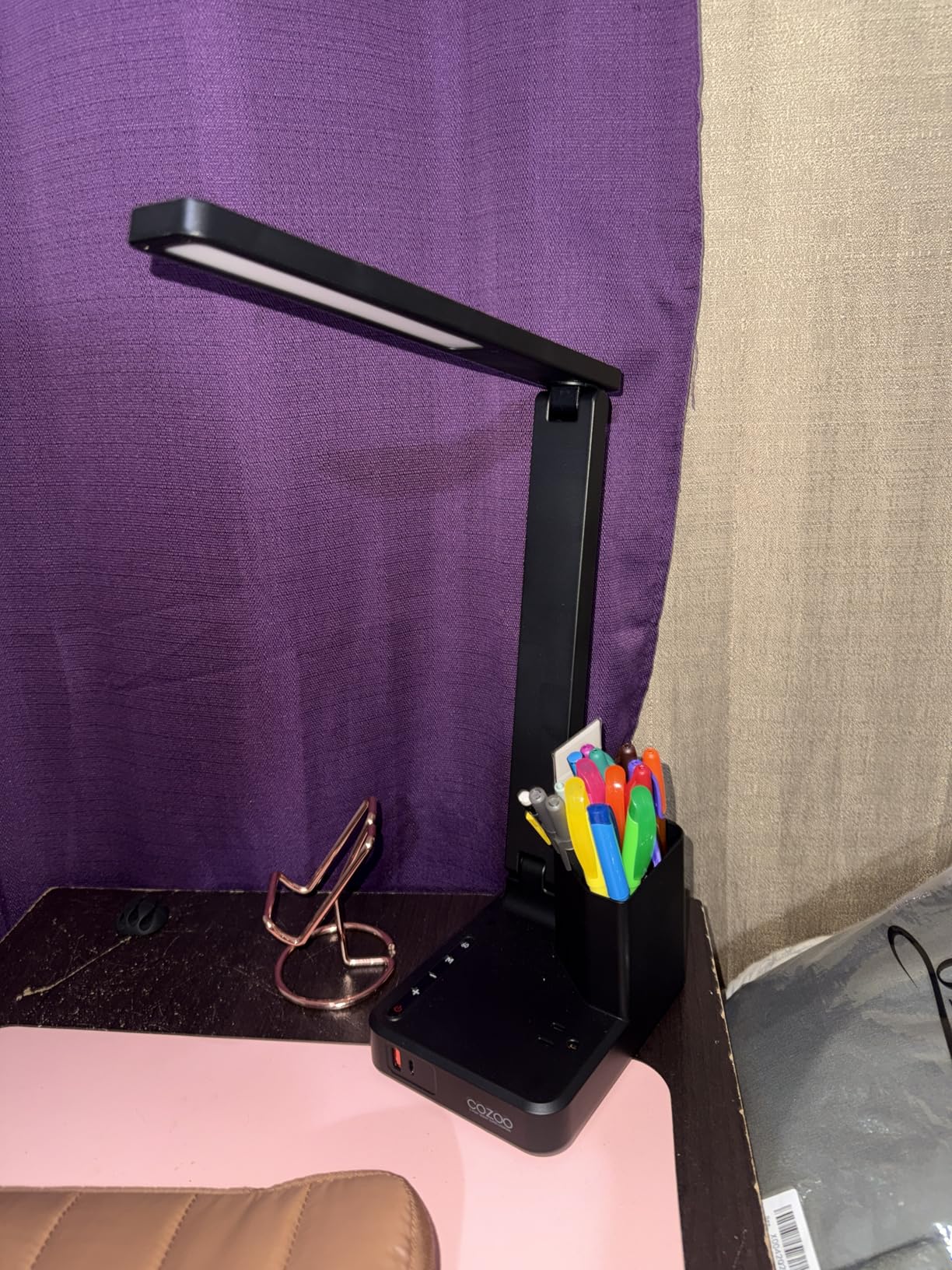 COZOO LED Desk Lamp with 2 USB Charging Ports, Type C Port, 1 AC Outlet, 2 Pen Holders, 3 Color Temperature 3 Brightness Level, Touch/Memory/Timer, 10W Eye Protection Foldable Reading Light, Study Lamp-White customer photo 1