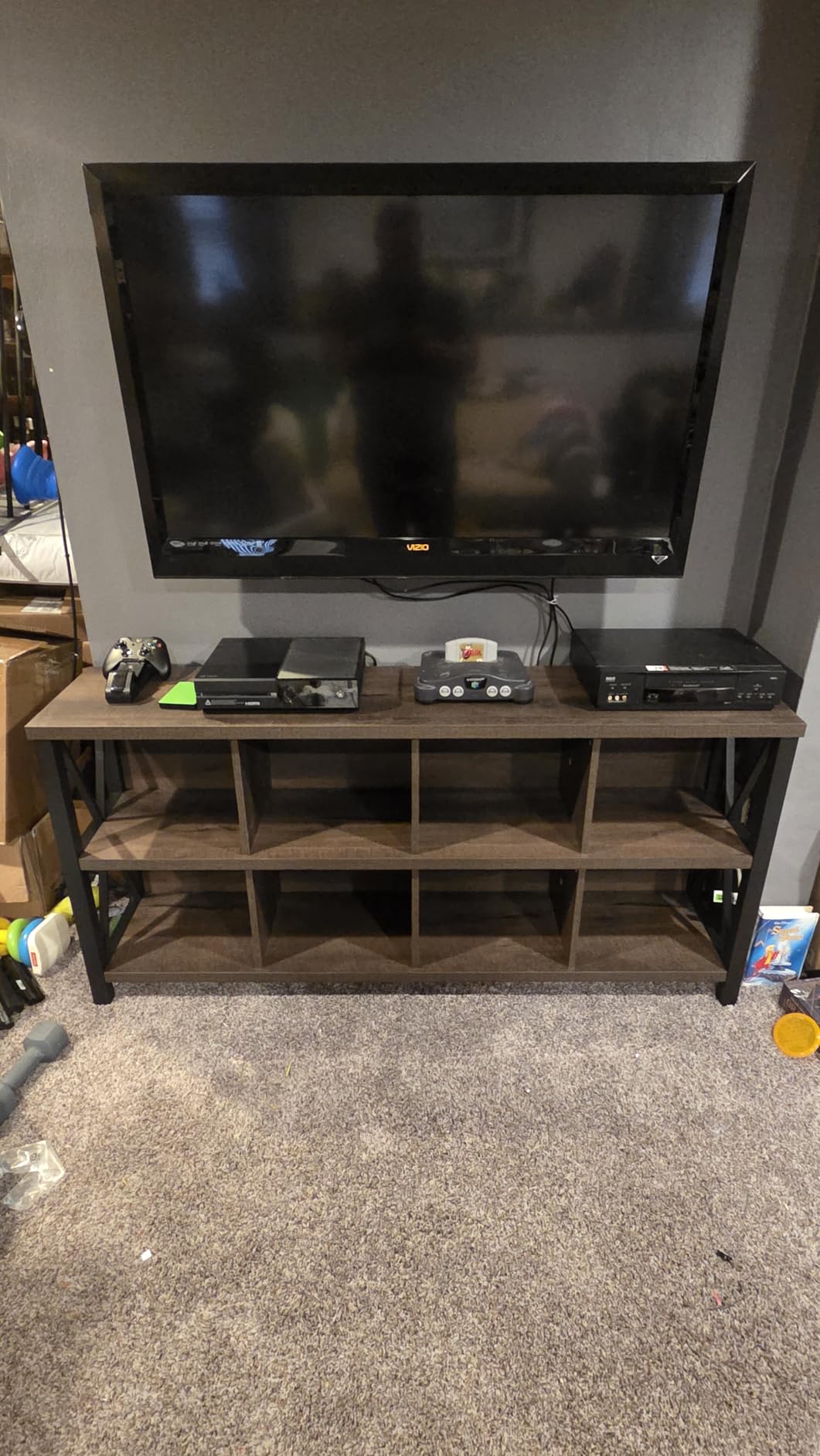 FATORRI 8 Cube Storage Organizer, 62 Inch Heavy Duty Horizontal Bookshelf, Industrial Long Bookcase and TV Stand for 65 Inch TV, Rustic Wood Accent Shelf for Living Room (Walnut Brown) customer photo 1