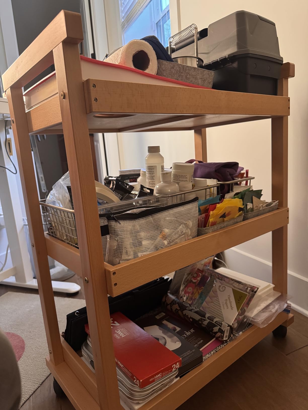 MEEDEN Art Cart Storage Organizer, 3-Tier Rolling Utility Studio Taboret with Caster Wheels, Multifunctional Storage Trolley Shelving Unit on Wheels, Solid Beechwood Art Supplies Studio Cart Classroom customer photo 1