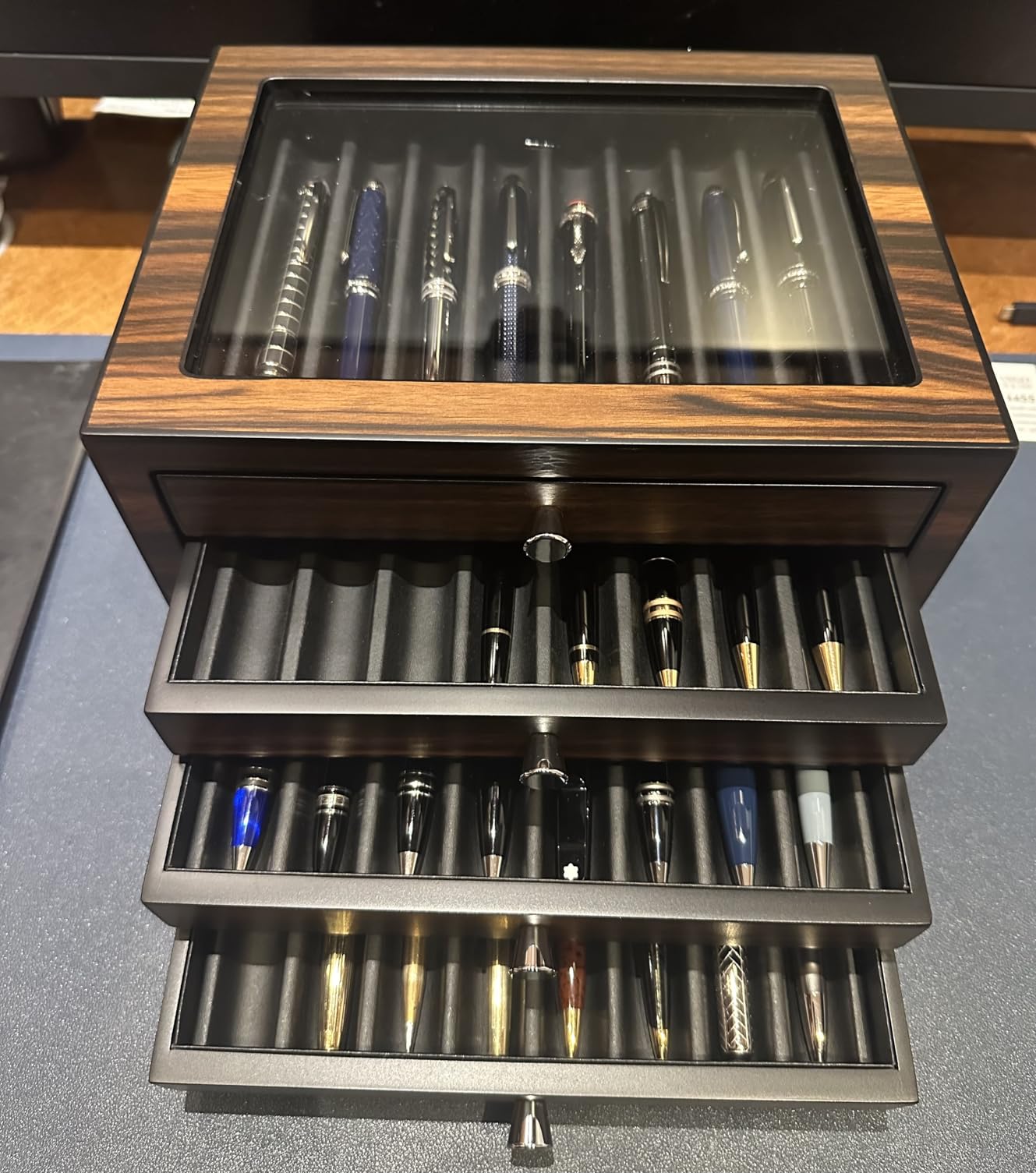 Stackable Wooden Display Case with Drawer - Slot Ebony Pen Cabinet, Luxury Fountain Pen Storage Box with Glass Window for Collection (2 Layer) customer photo 2