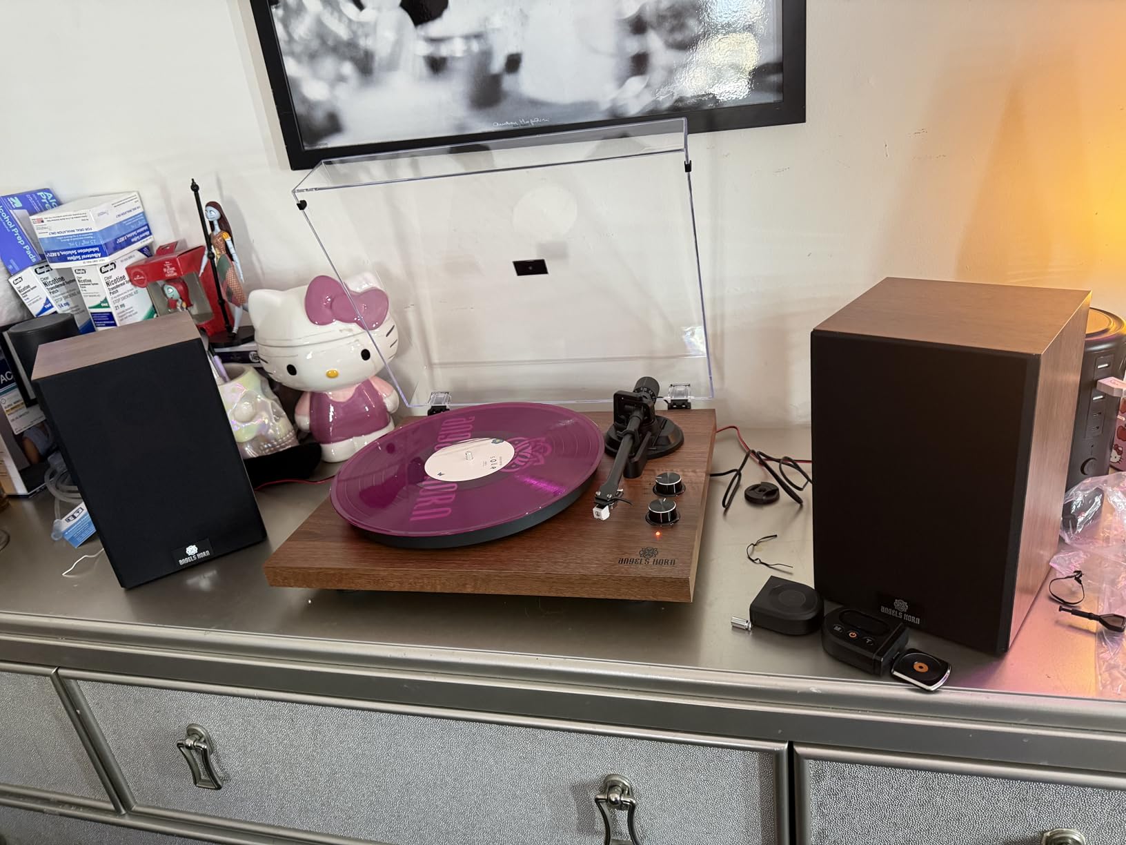 ANGELS HORN Vinyl Record Player, Hi-Fi System Bluetooth Turntable Players with Stereo Bookshelf Speakers, Built-in Phono Preamp, Belt Drive 2-Speed, Adjustable Counterweight, AT-3600L customer photo 1