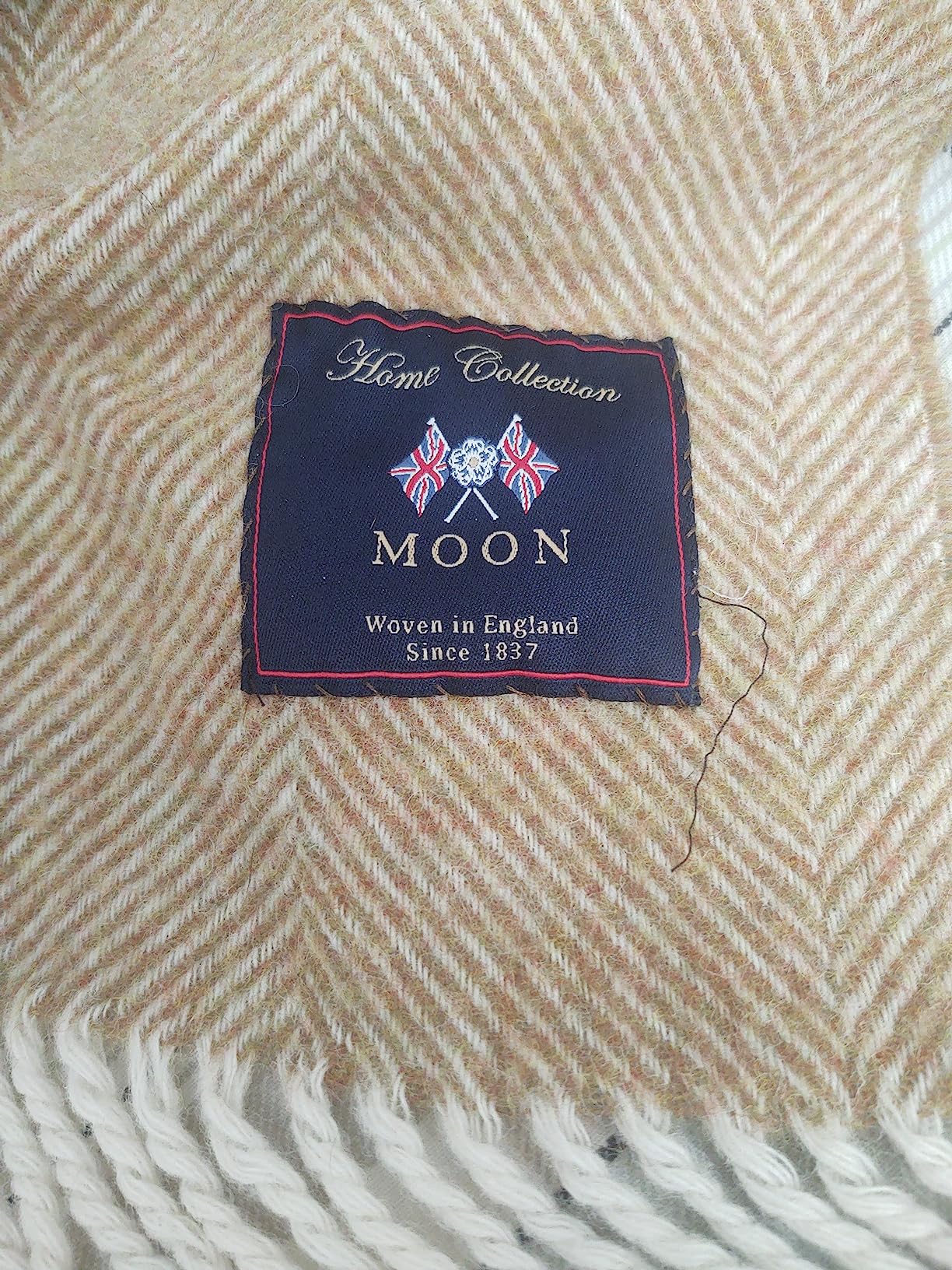 Moon Wool Plaid Throw Blanket, Merino Lambswool, Block Windowpane Beige Grey, Made in UK customer photo 2