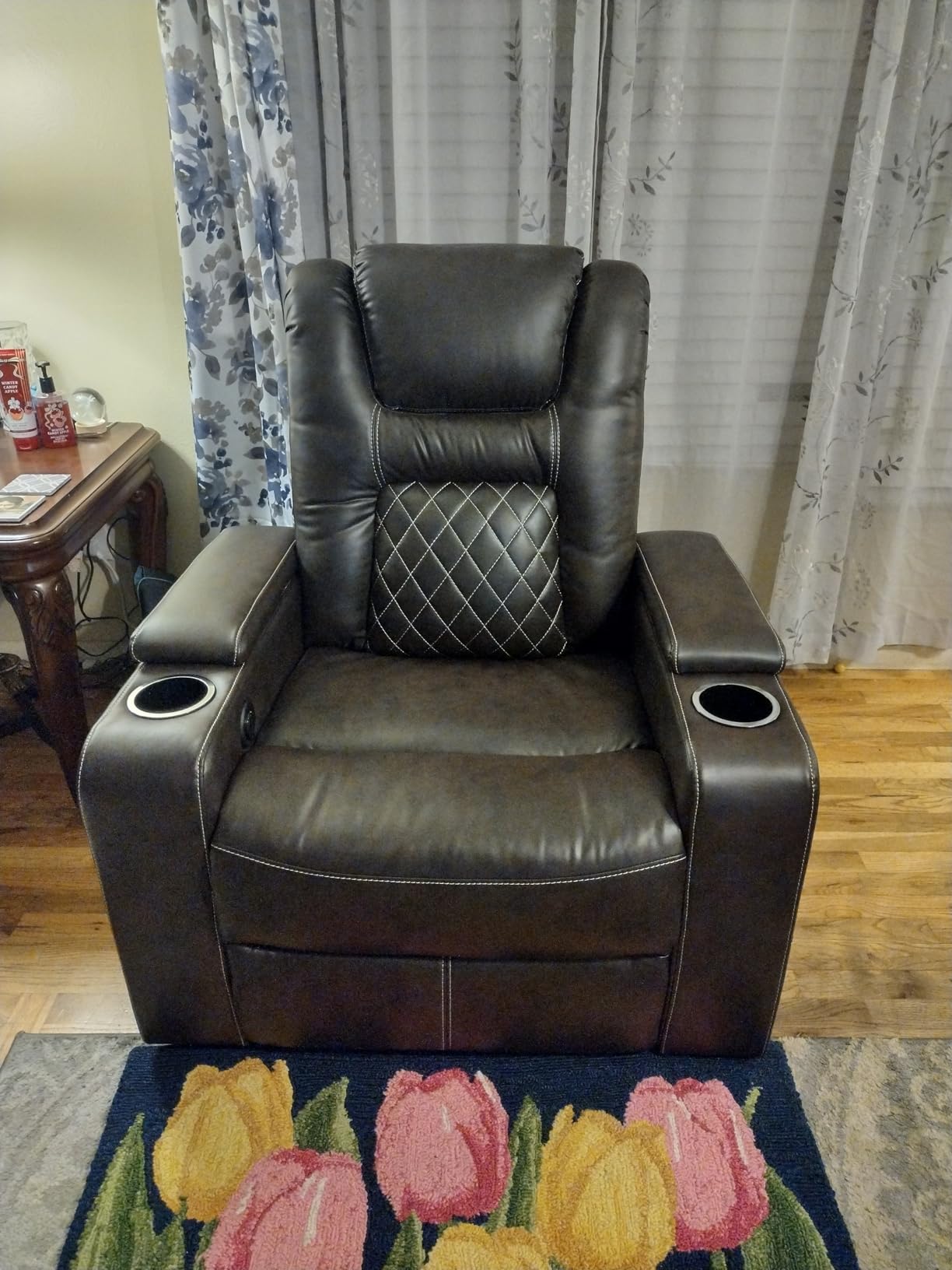 CANMOV Electric Power Recliner Chair with USB Ports and Cup Holders, Breathable Leather Home Theater Seating with Hidden Arm Storage (Brown) customer photo 2