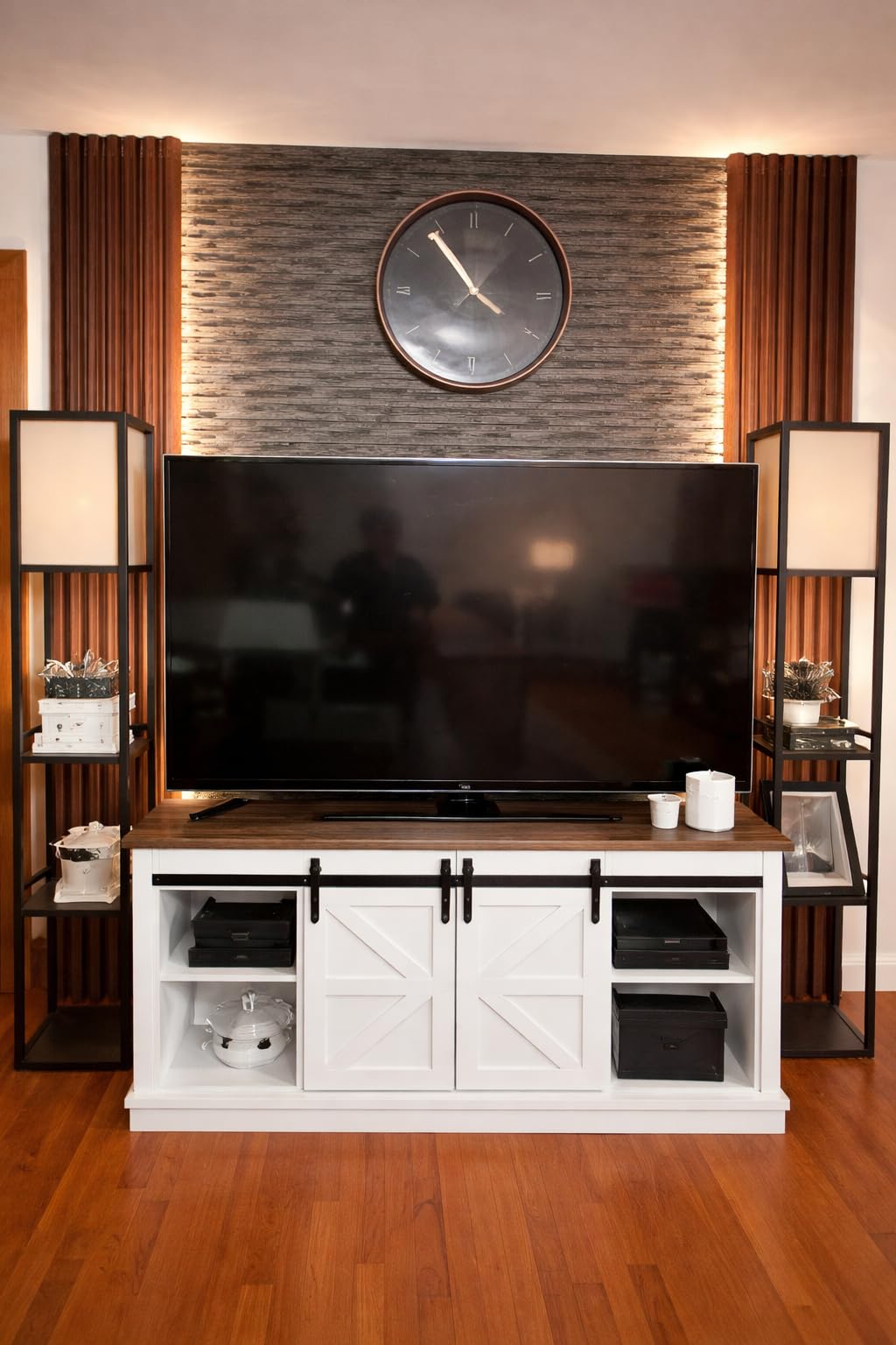 JUMMICO TV Stand for 65 Inch TV with Sliding Barn Doors, Mid Century Modern Media Console customer photo 2
