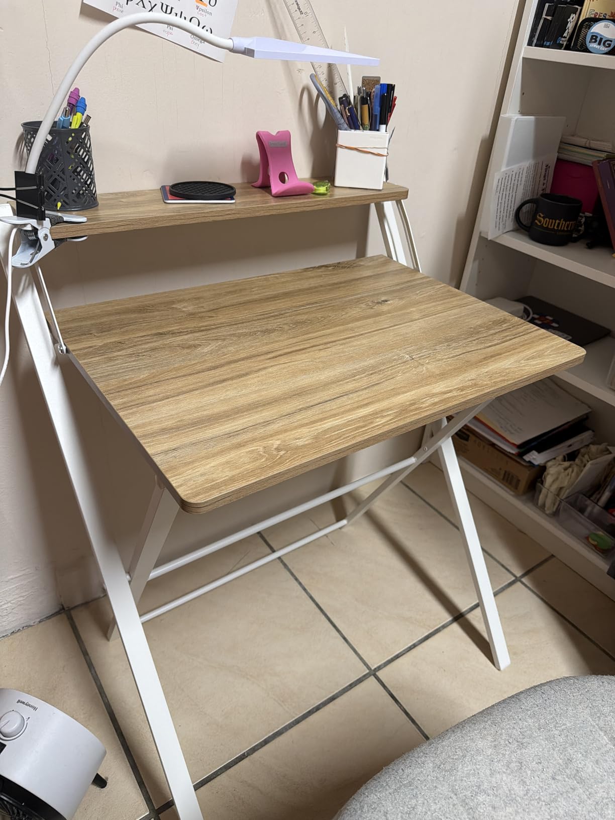GreenForest No Assembly Folding Desk, 2-Tier Compact Computer Desk with Shelf, Space Saving Foldable Table for Home Office, Dorm or Apartment, Portable Collapsible Sturdy Laptop Desk, Espresso customer photo 2