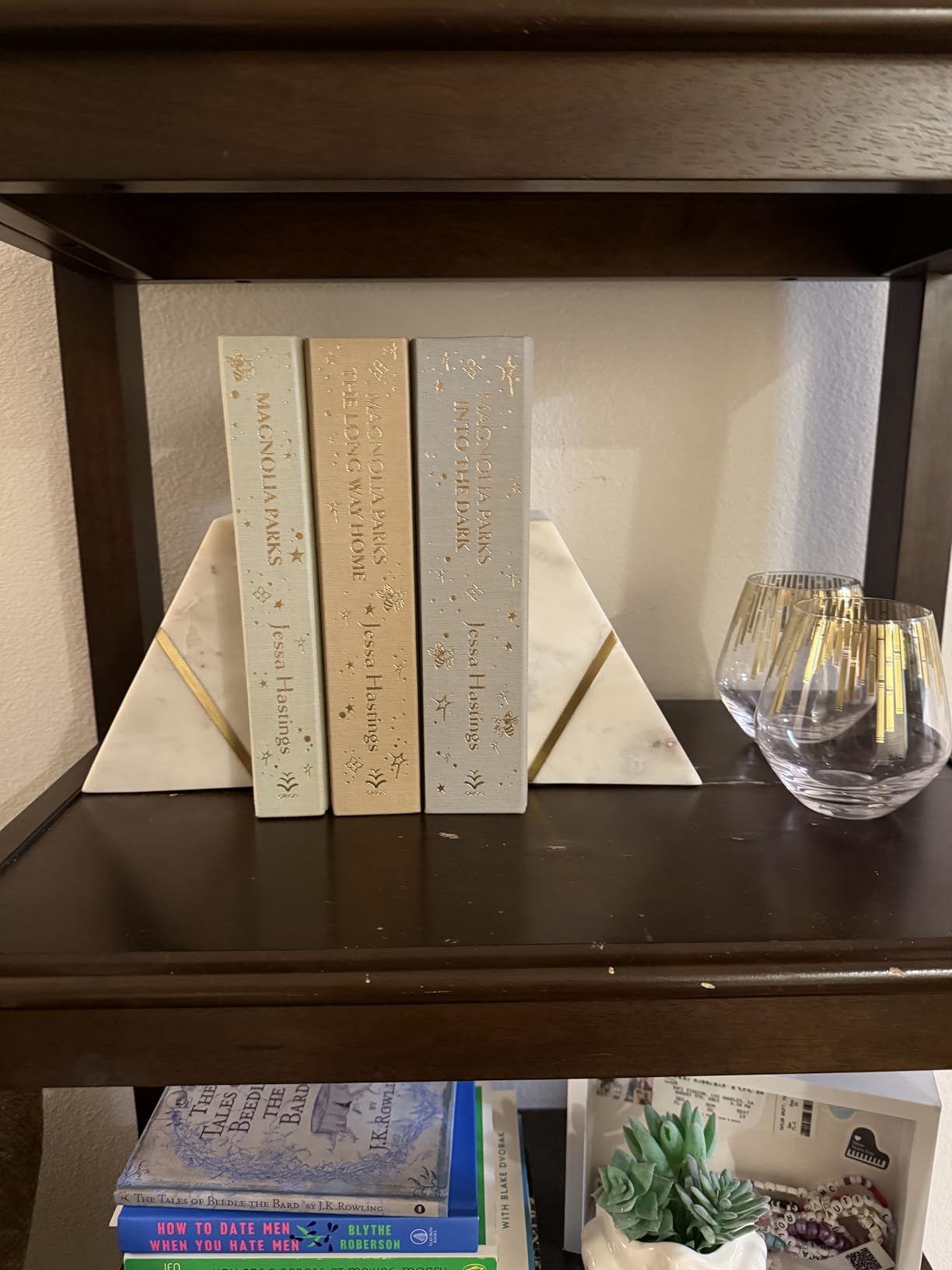 Marble Bookends Handcrafted Heavy Marble Triangular Bookshelf Decor Brass Inlay Set of 2 Decorative Bookends Book Stoppers with Non-Skid Bottom Solid Home Kitchen Office Shelves Triangle customer photo 2