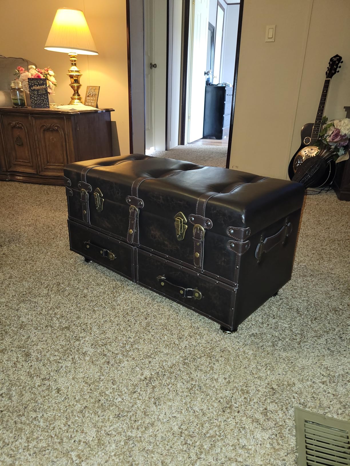 Vintage Mid-Century Storage Ottoman Bench - Upholstered Padded Chest for Entryway, Bedroom, Living Room - Dark Magenta customer photo 1