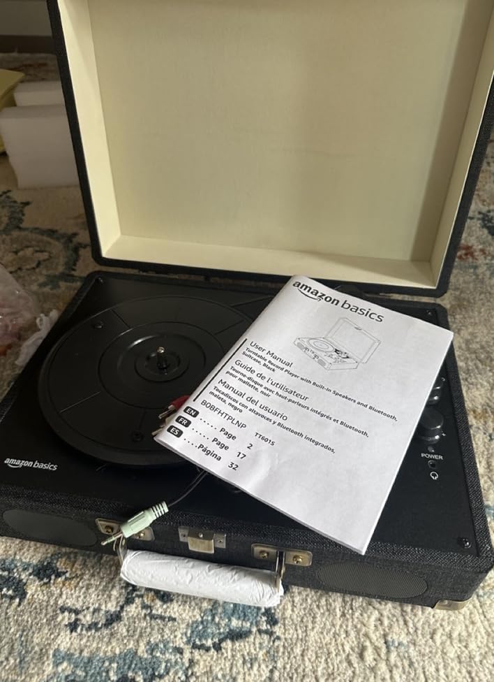 Amazon Basics Portable Suitcase Vinyl Turntable Record Player with Built-in Stereo Speakers, Belt Drive, 3-Speed, Bluetooth Playback, Black customer photo 1