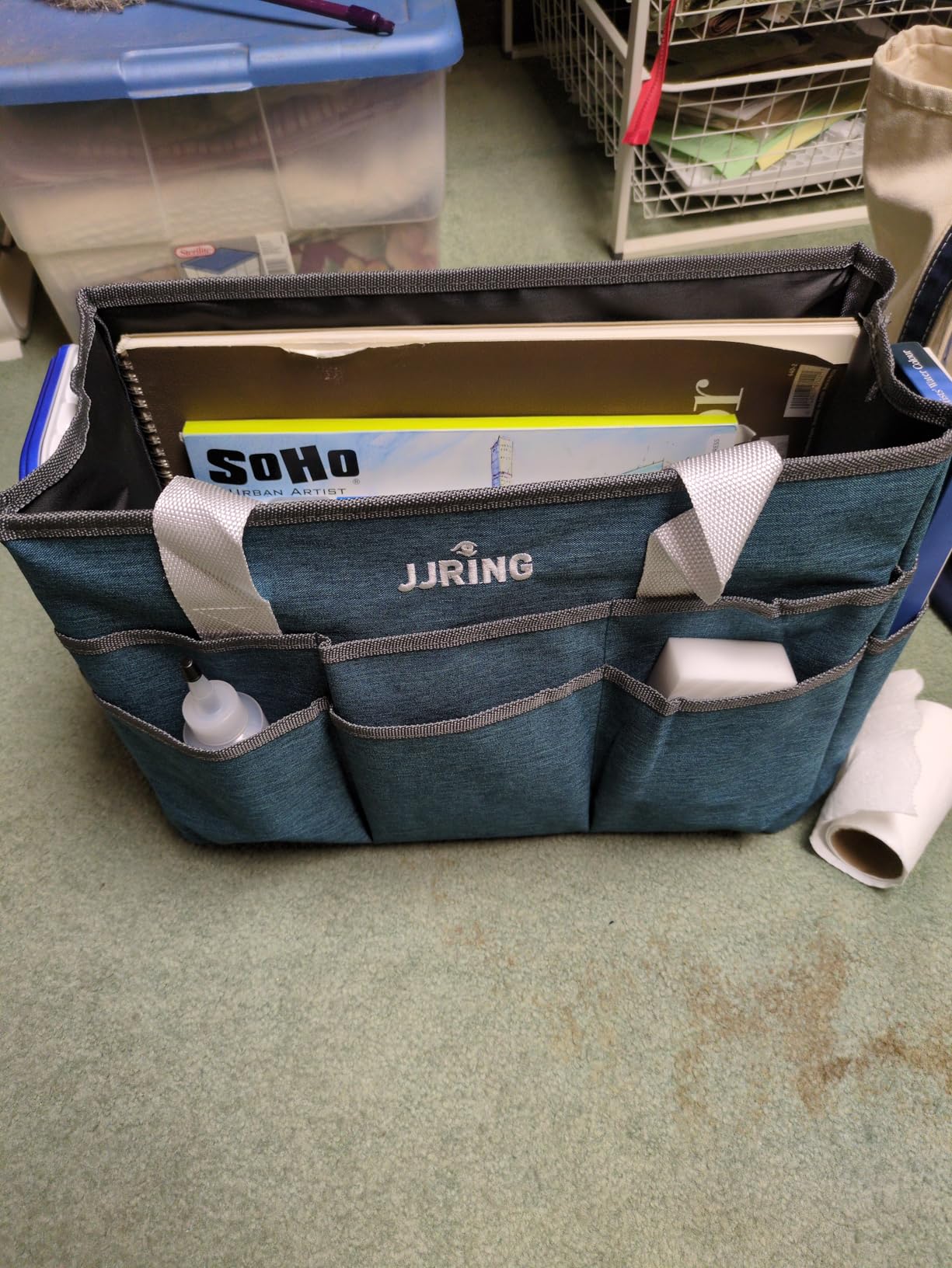 JJRING Craft Organizer Tote Bag, Large Art Storage Caddy with Multiple Pockets (Bluish Green) customer photo 2