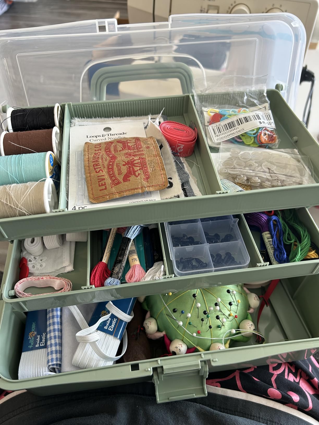 BTSKY 3-Layer Plastic Dividing Storage Box Craft Organizer and Storage with Adjustable Spacers Portable Handled Art Supply Organizer Multipurpose Home Utility Box for Medicine Sewing(Haze Green) customer photo 2
