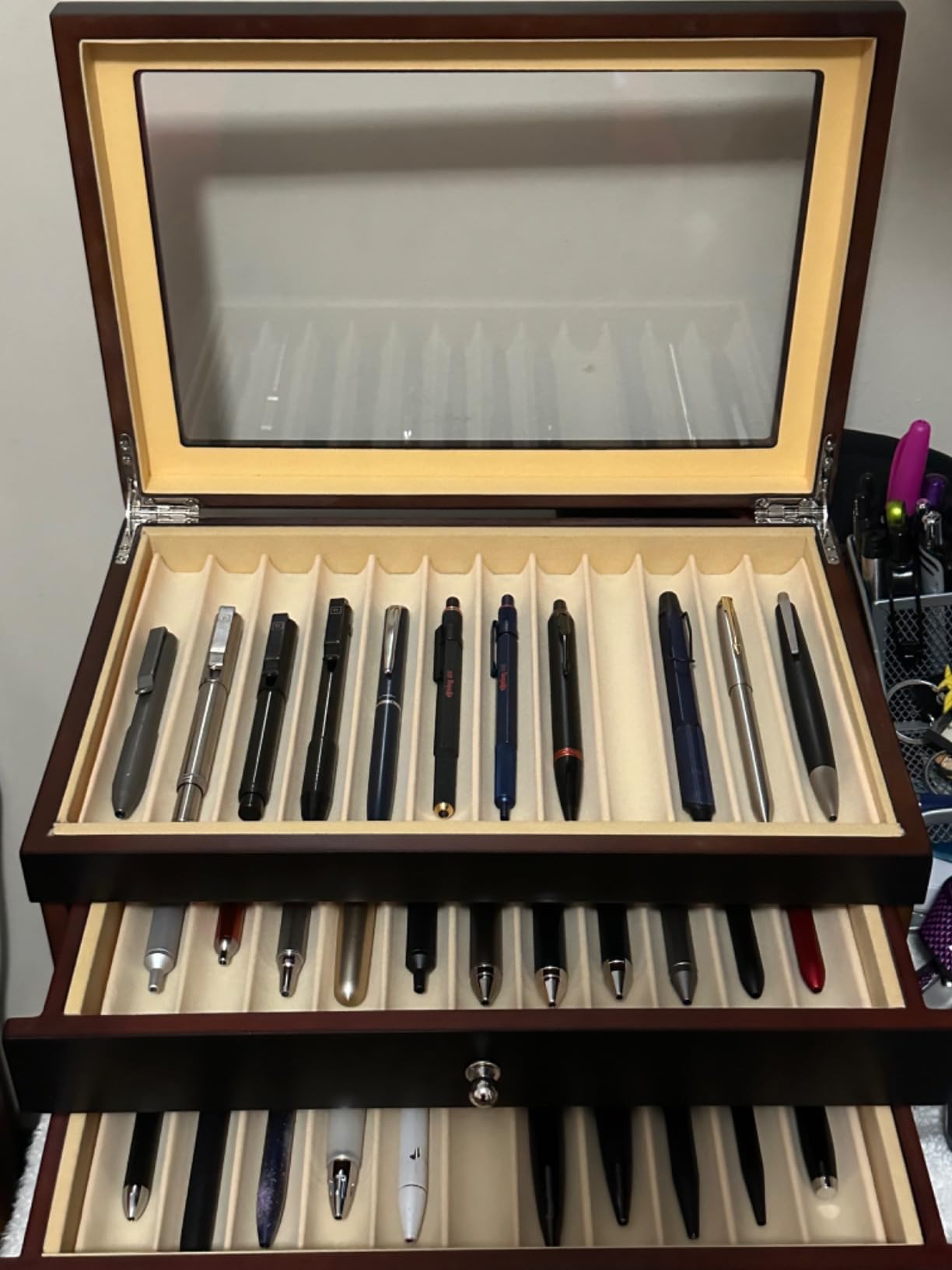 3 Layer Wood Pen Display Box 34 Organizer Box, Pen Case Storage and Fountain Collector with Glass Window (Walnut) customer photo 2