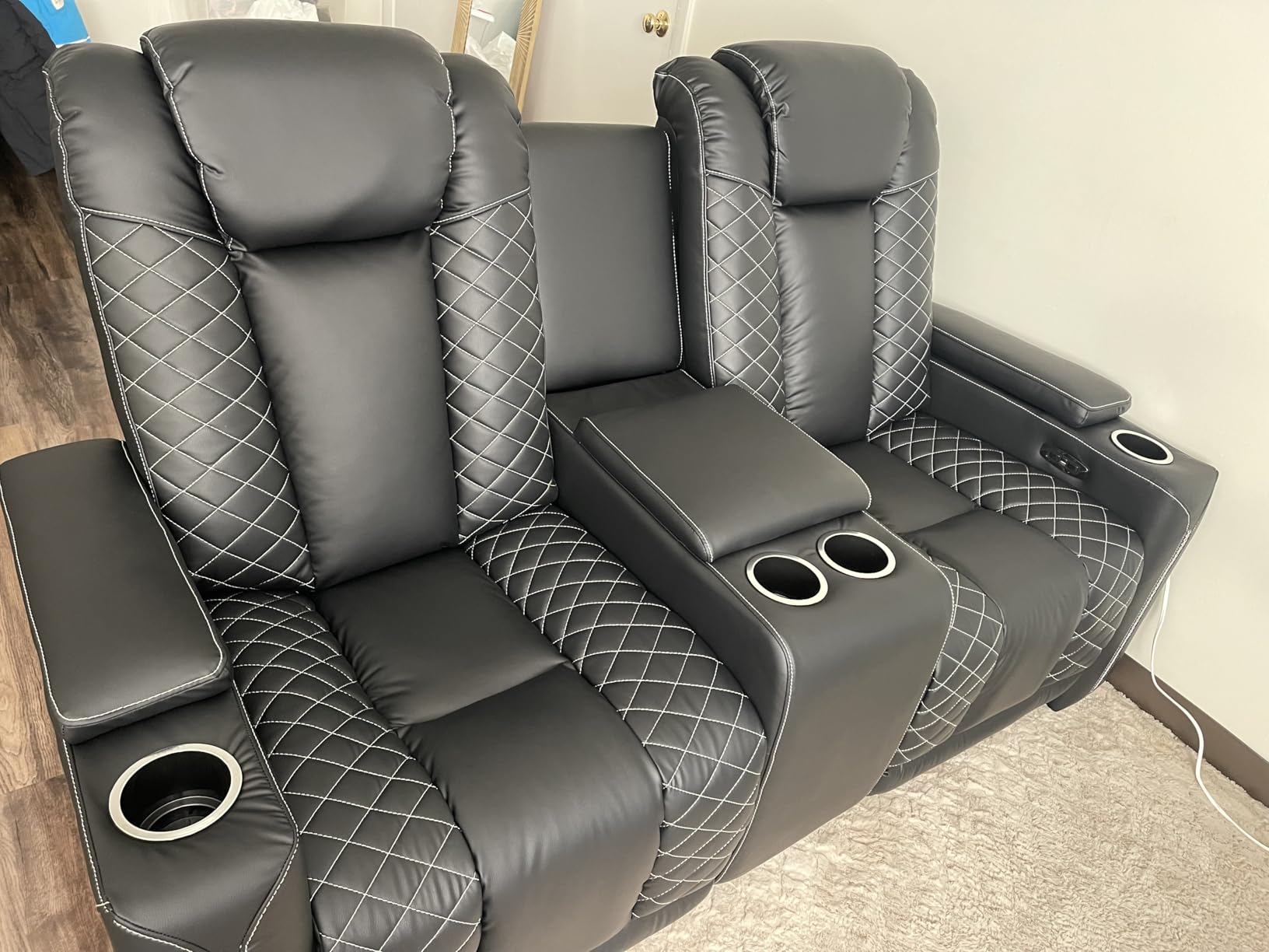 CANMOV Electric Power Recliner Chairs with USB Ports and Cup Holders, Breathable Faux Leather Home Theater Seating Recliner with Hidden Arm Storage, Ambient Lighting, Black customer photo 1