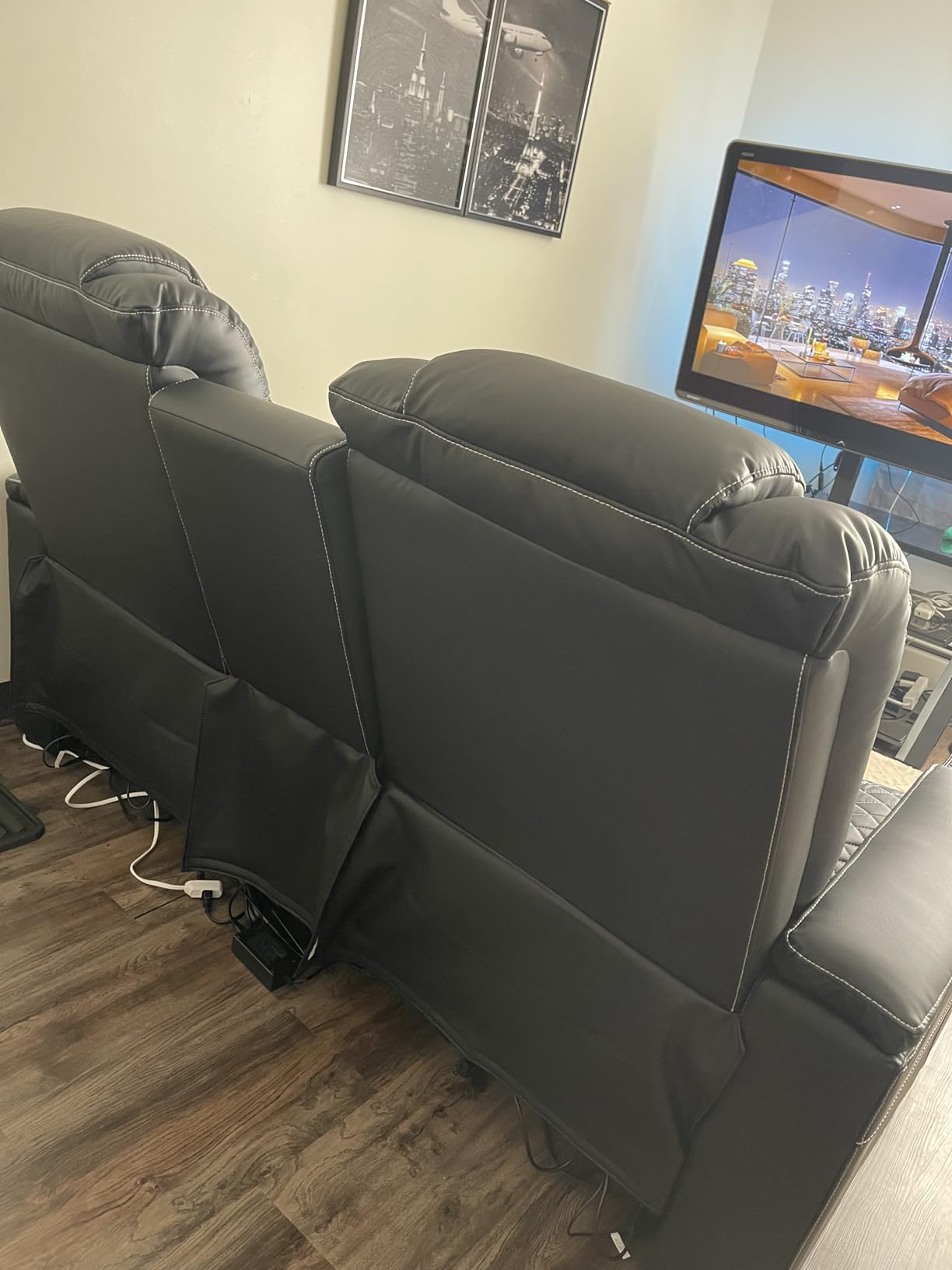 CANMOV Electric Power Recliner Chairs with USB Ports and Cup Holders, Breathable Faux Leather Home Theater Seating Recliner with Hidden Arm Storage, Ambient Lighting, Black customer photo 2