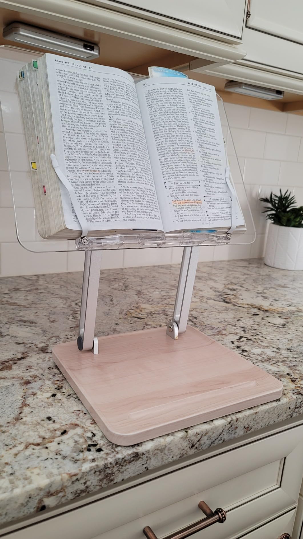 Adjustable Acrylic Book Stand for Reading, Book Holder with Pen Slot, Foldable Desktop Riser for Laptop, Recipe, Textbook - Hands-Free Cookbook Stand, Clear Design with Page Clips customer photo 1