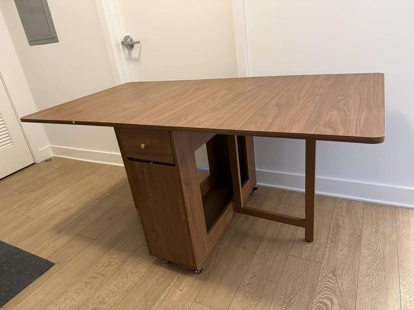 COMUHOME Extendable Drop Leaf Folding Dining Table with 2 Drawers and 4 Wheels for Living Room Kitchen Farmhouse Space Saving Table in Wood Color customer photo 1