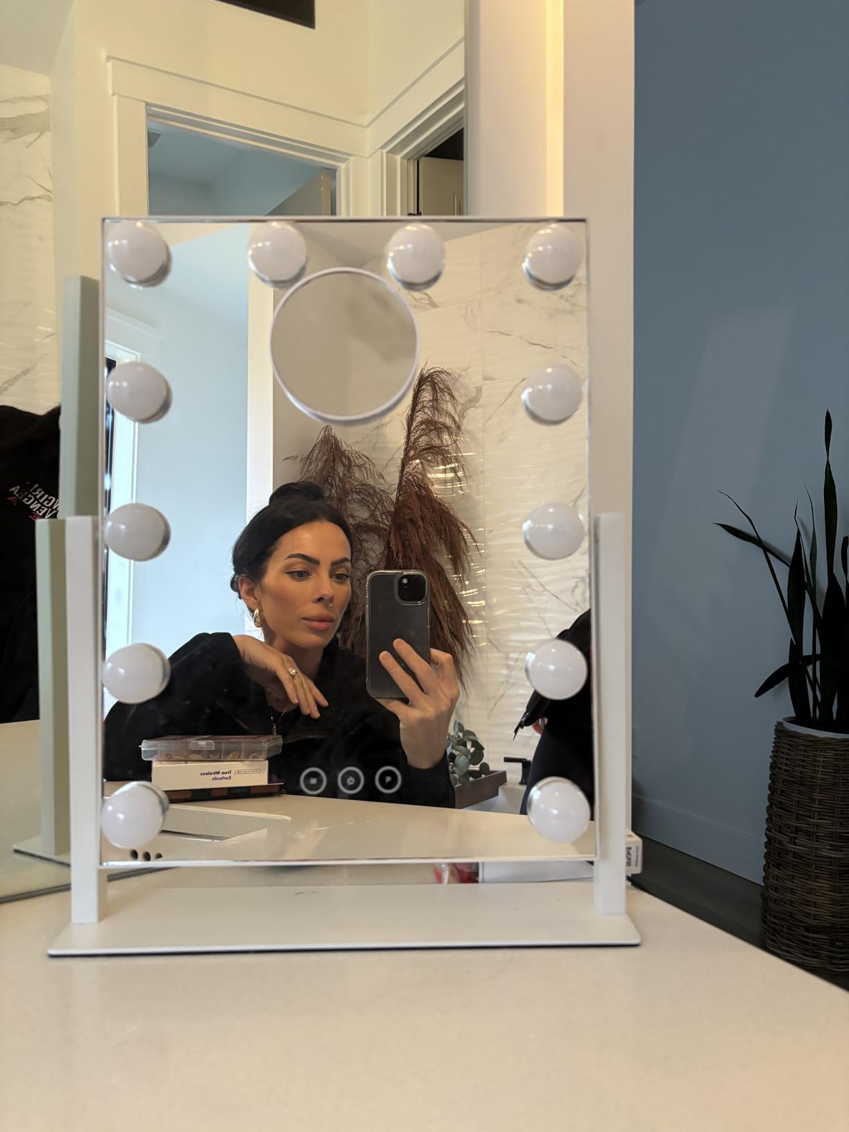 Kotdning Vanity Mirror with Lights, Lighted Vanity Mirror with 12 Dimmable Bulbs for Dressing Room & Bedroom, 3 Color Lighting, Modes Detachable 10x Magnification 360°Rotation (White) 14.6