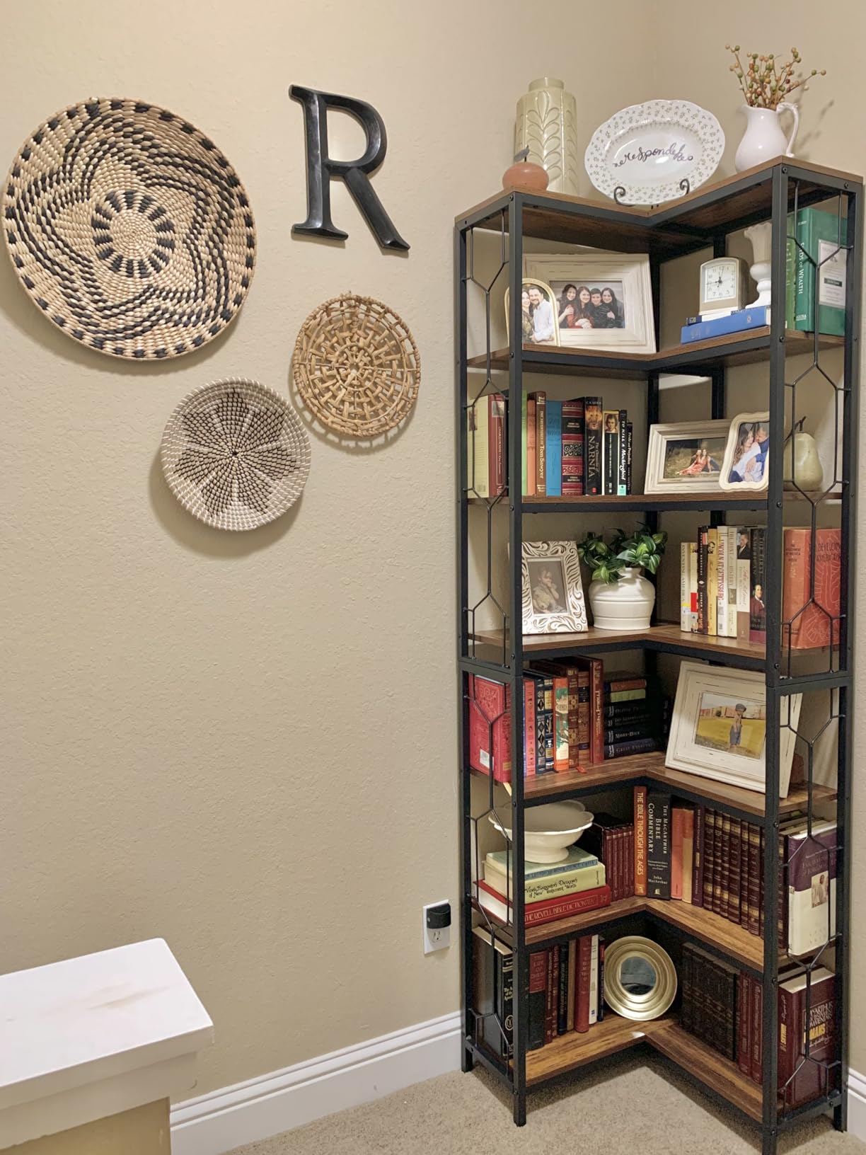 Tribesigns Corner Shelf, 7-Tier Industrial Corner Bookshelf, Wood and Metal Etagere Bookcase, Freestanding Display Shelf for Living Room, Kitchen, Home Office, Rustic Brown customer photo 1