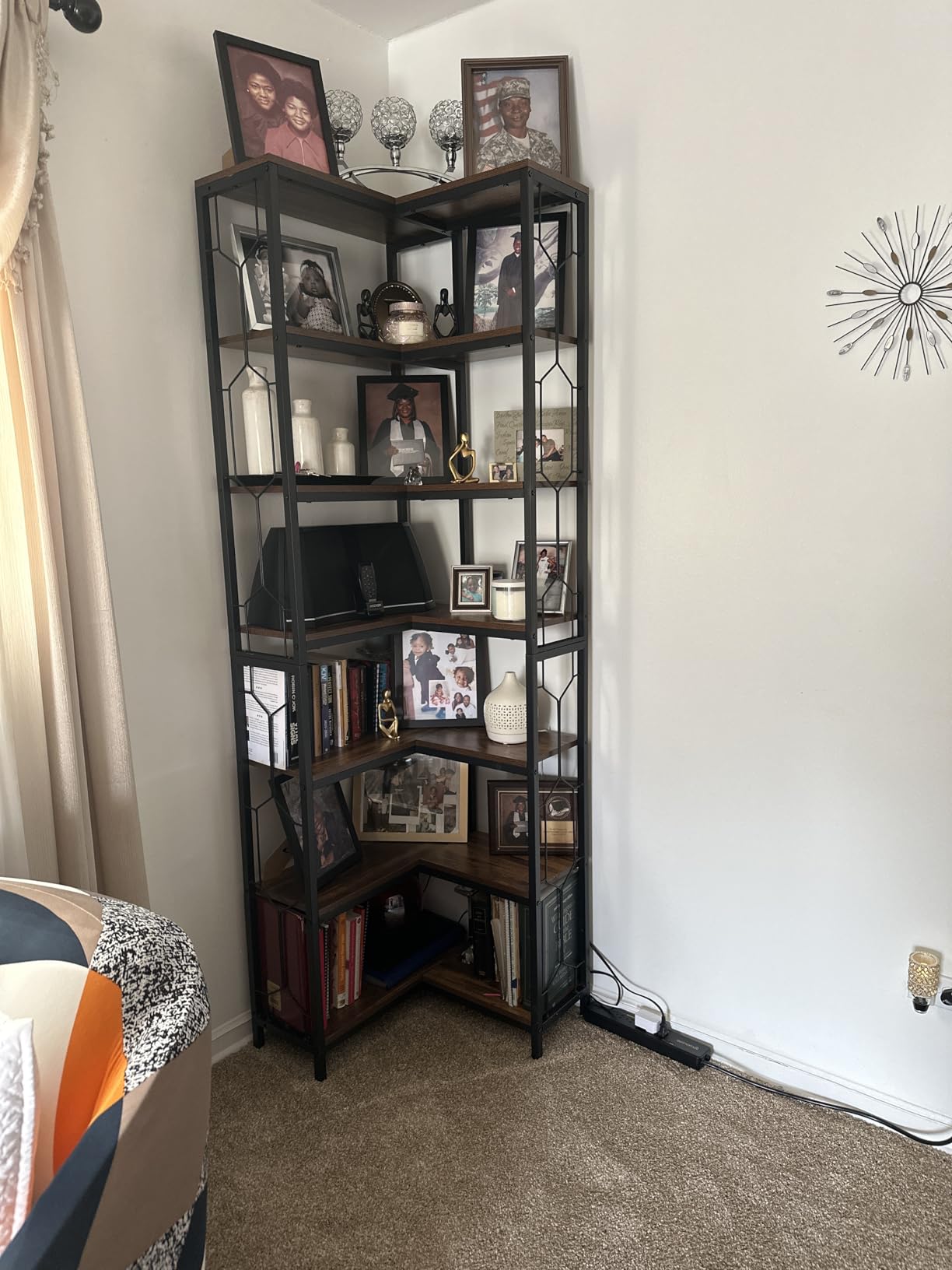 Tribesigns Corner Shelf, 7-Tier Industrial Corner Bookshelf, Wood and Metal Etagere Bookcase, Freestanding Display Shelf for Living Room, Kitchen, Home Office, Rustic Brown customer photo 2