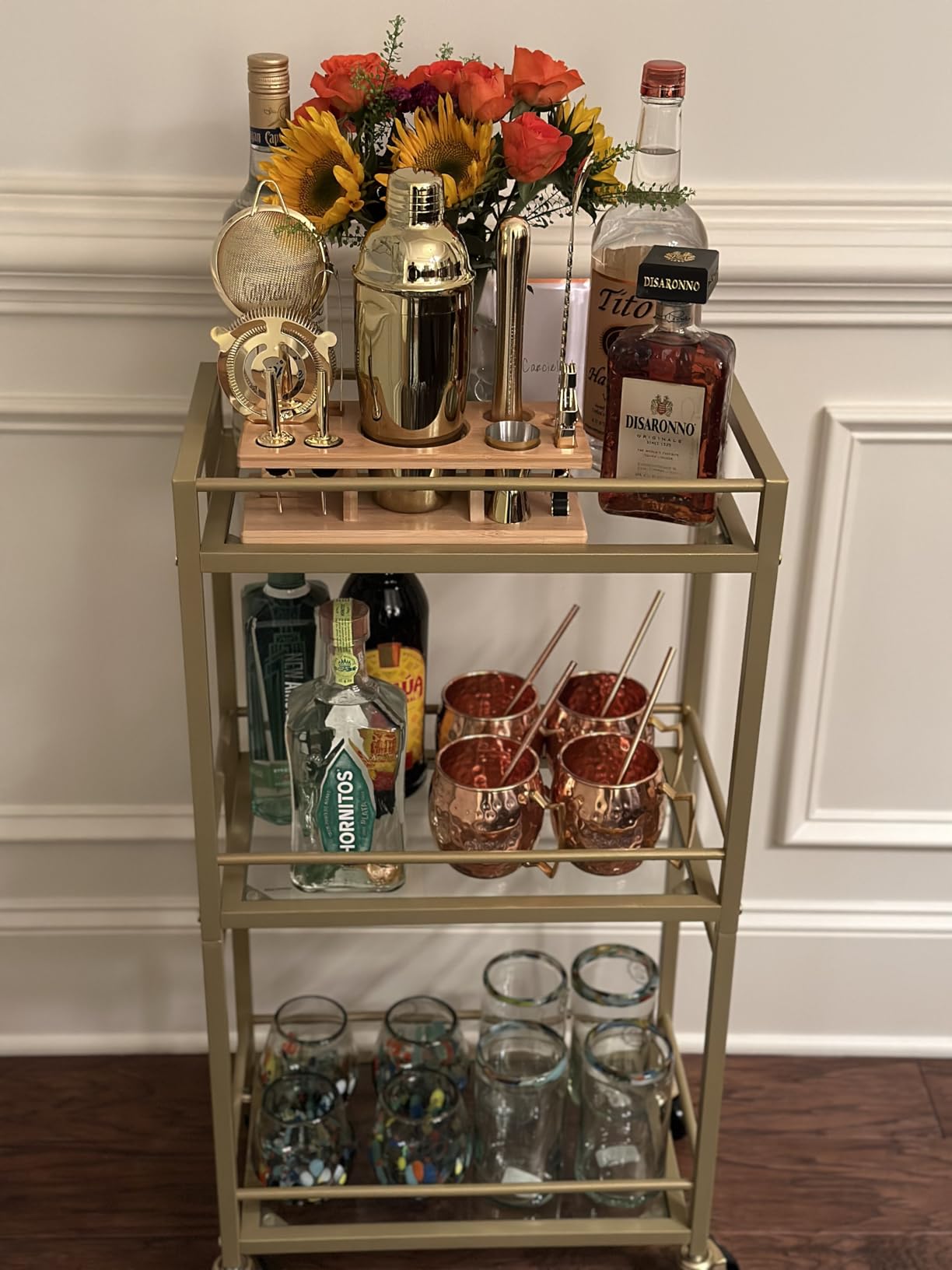 MAHANCRIS Bar Cart for The Home, 3-Tier Drink Cart on Wheels, Home Bar Serving Cart, Mini Bar Cart for Small Space, Rolling Kitchen Carts for Bar, Kitchen, Dining Room, Gold RCJW4001 customer photo 1