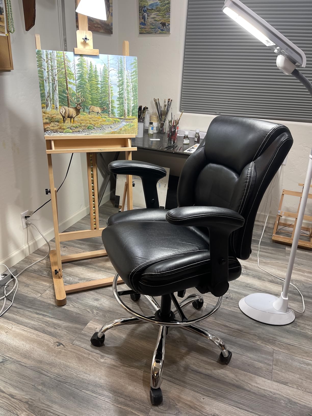 Ergonomic Mid-Back Premium Faux Leather Adjustable Drafting Chair with Multi-Function Arms and Foot Ring, Standing-Desk Matched Tall Swivel Computer Office Stool, Black customer photo 1
