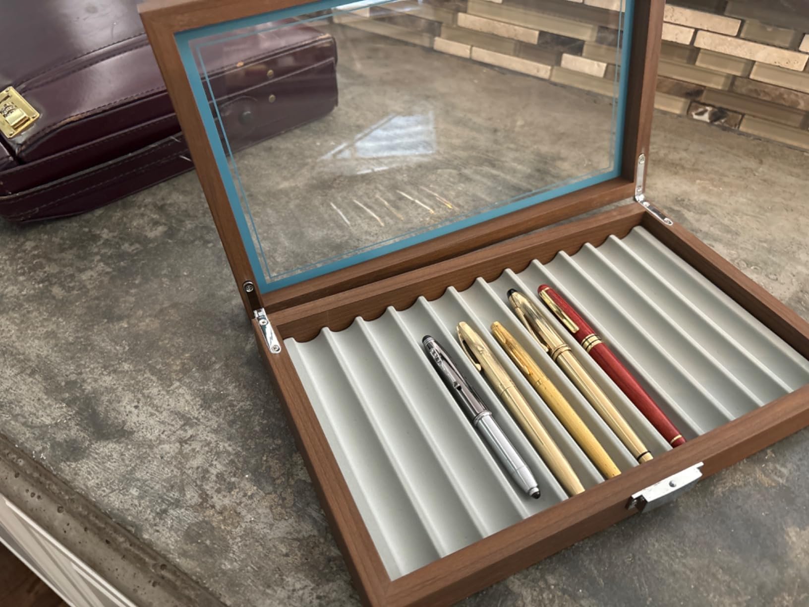 Yesland Black Walnut Wood Display Box, 12 Slot Fountain Pen Organizer With Clear Glass Window, Luxury Collection Case for Shop, Home customer photo 2