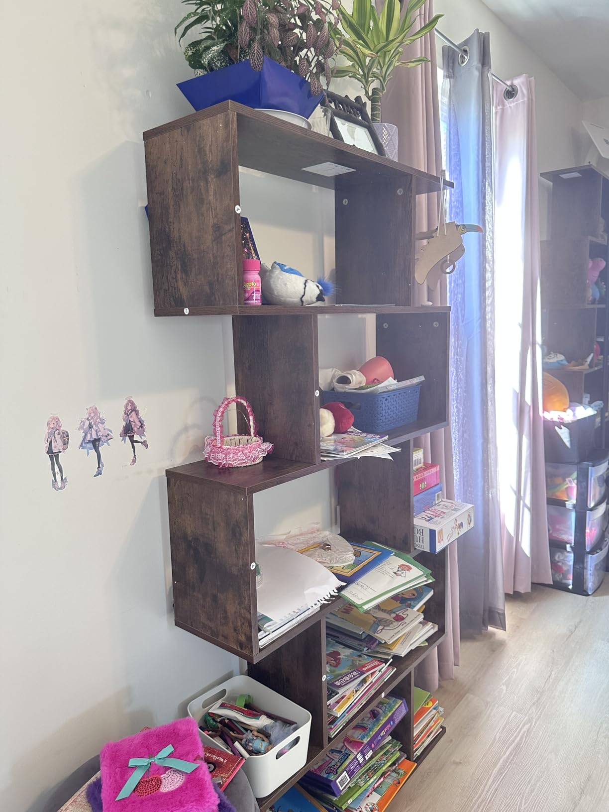 6 Tier Geometric Bookcase, S Shaped Bookshelf, Book Shelf Room Divider, Wood Freestanding Display Shelves, 75 Inch Staggered Bookshelf for Bedroom Living Room (2, Rustic Brown) customer photo 2