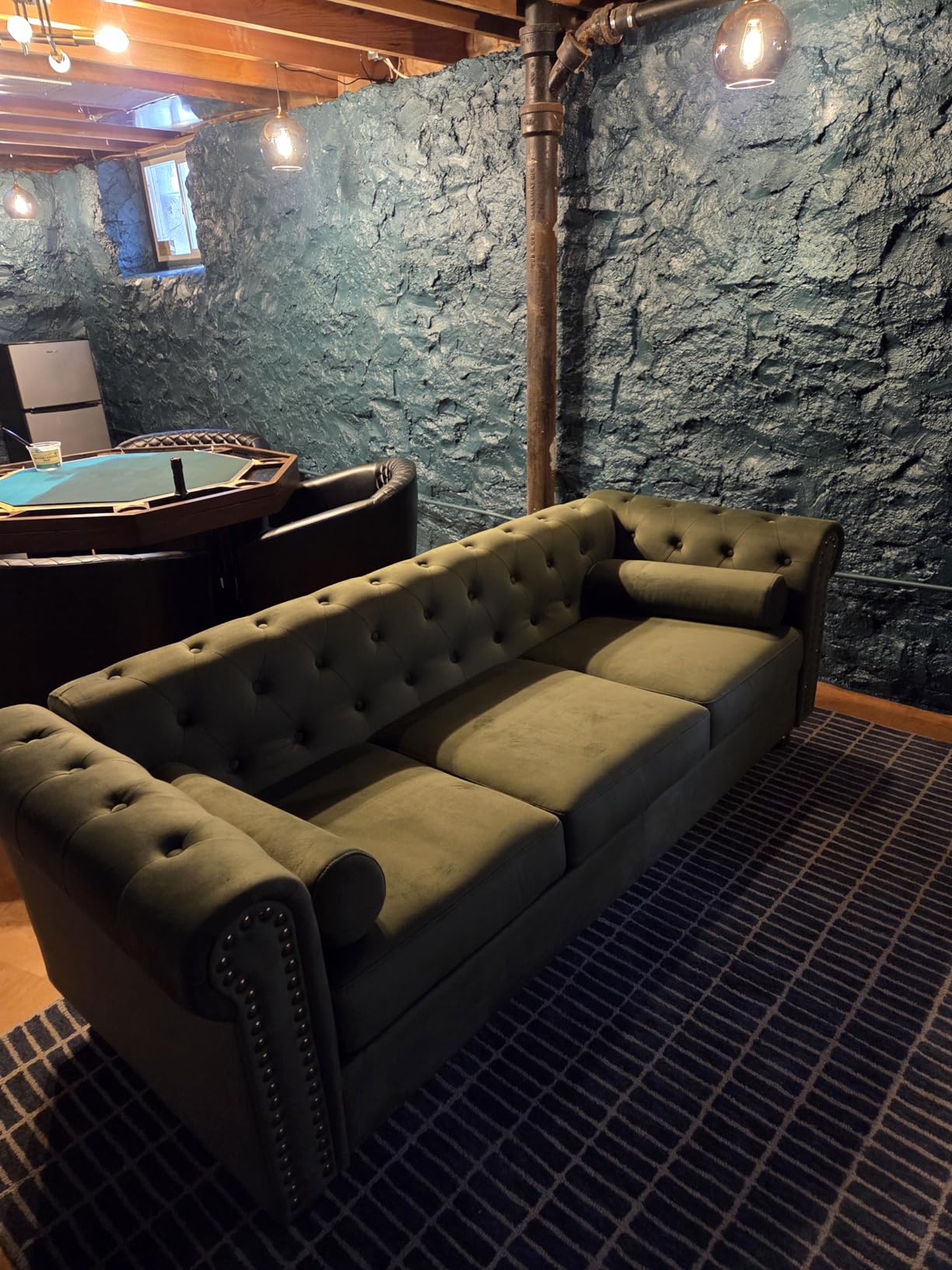 Air Leather Tufted Sofa Couch for Living Room, Rolled Arm 3-Seater Sofa Couch with Nailhead Trim and 2 Neck Roll Pillows, Small Apartment Chesterfield Sofa customer photo 2