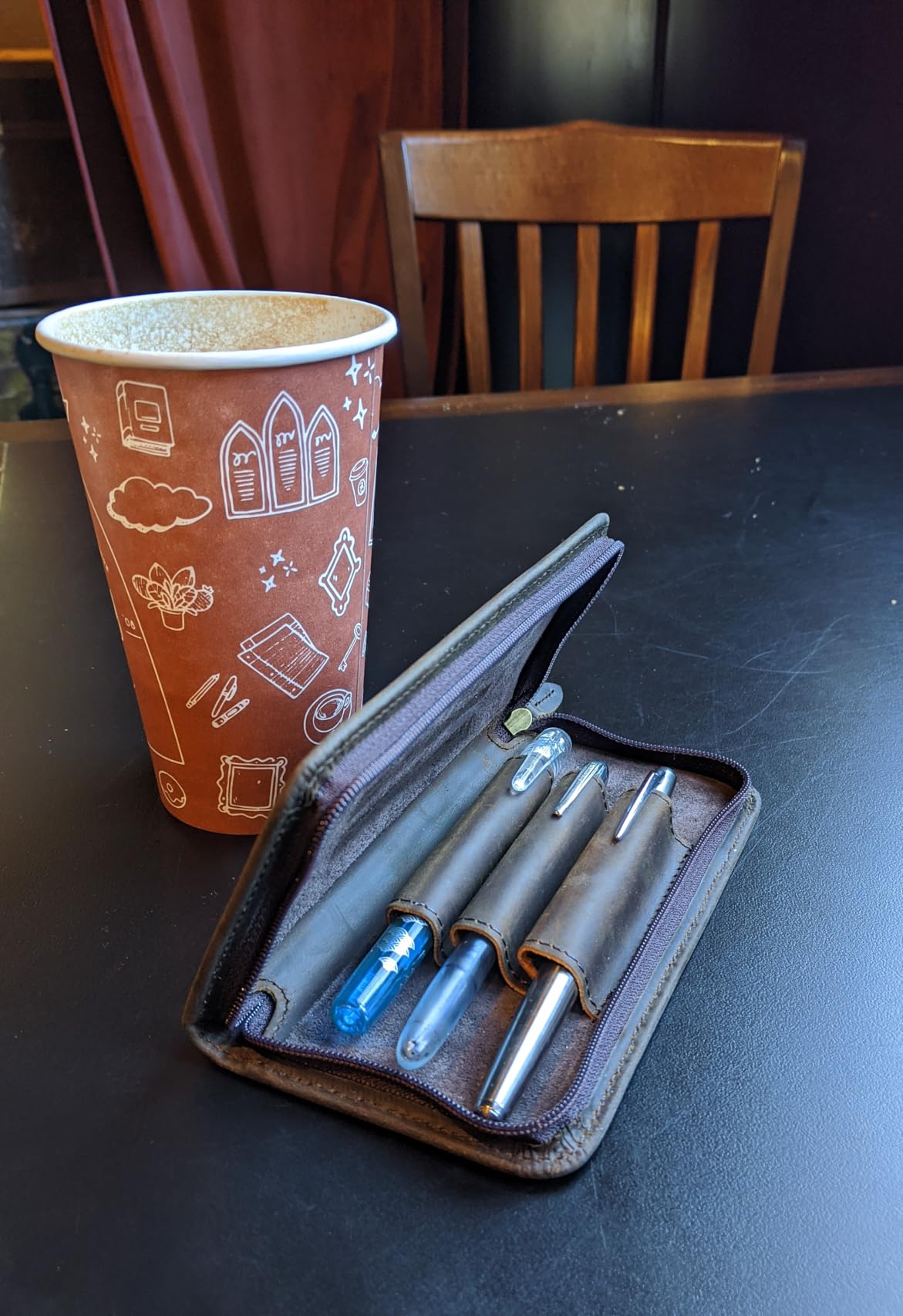 Asvine Fountain Pen Case 3 Divided Slots Crazy Horse Leather Pen Holder, Handmade Display Zippered Pouch for Rollerball Pen-Retro customer photo 1