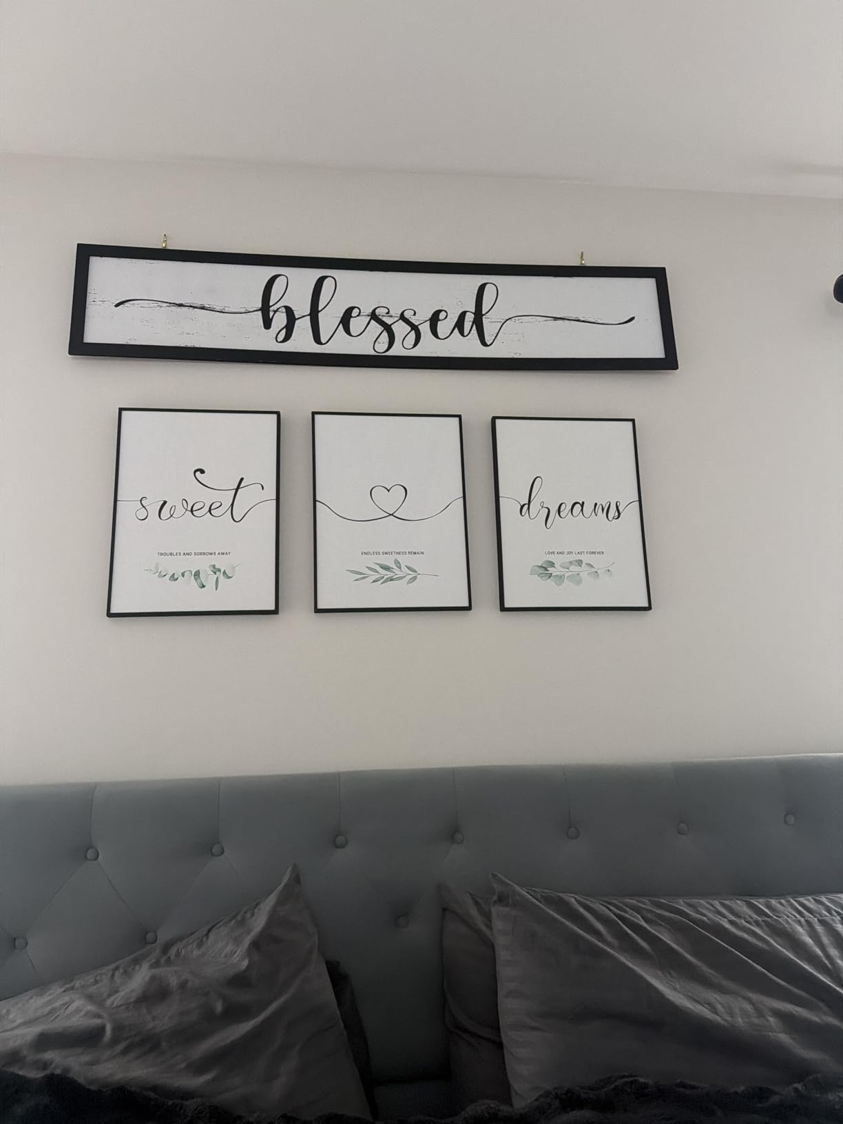 Framed 3 Piece Wall Art Bedroom, Sweet Dreams Signs Pictures Wall Decor Above Bed, Modern Minimalist Master Guest Room Wall Decor, Painting Print Script White Canvas Artwork for Walls, 12x16 Inch customer photo 1