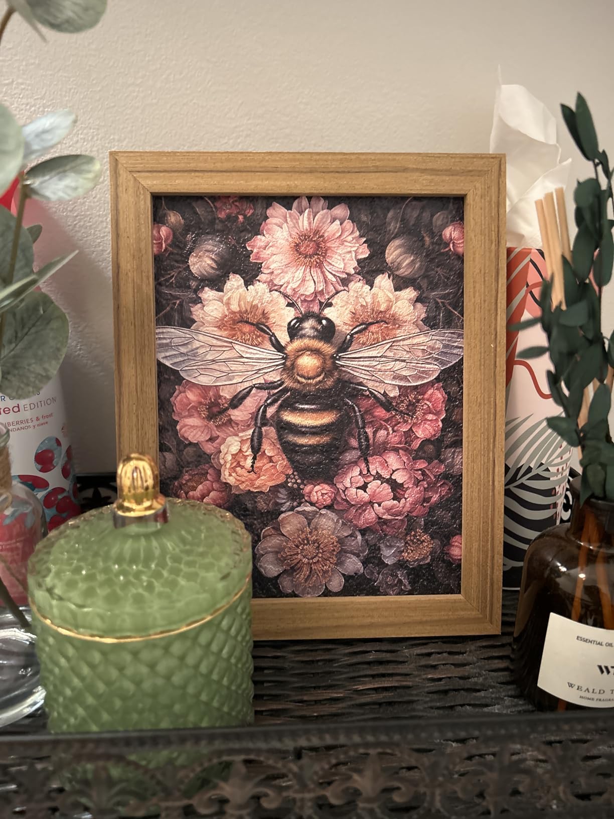 Framed Vintage 3D Textured Wall Art - Dark Green Dragonfly Flowers Wall Decor - Hand Drawn Sandstone Nature Botanical Pictures for Living Room Bedroom Home Decor 12x16in customer photo 1