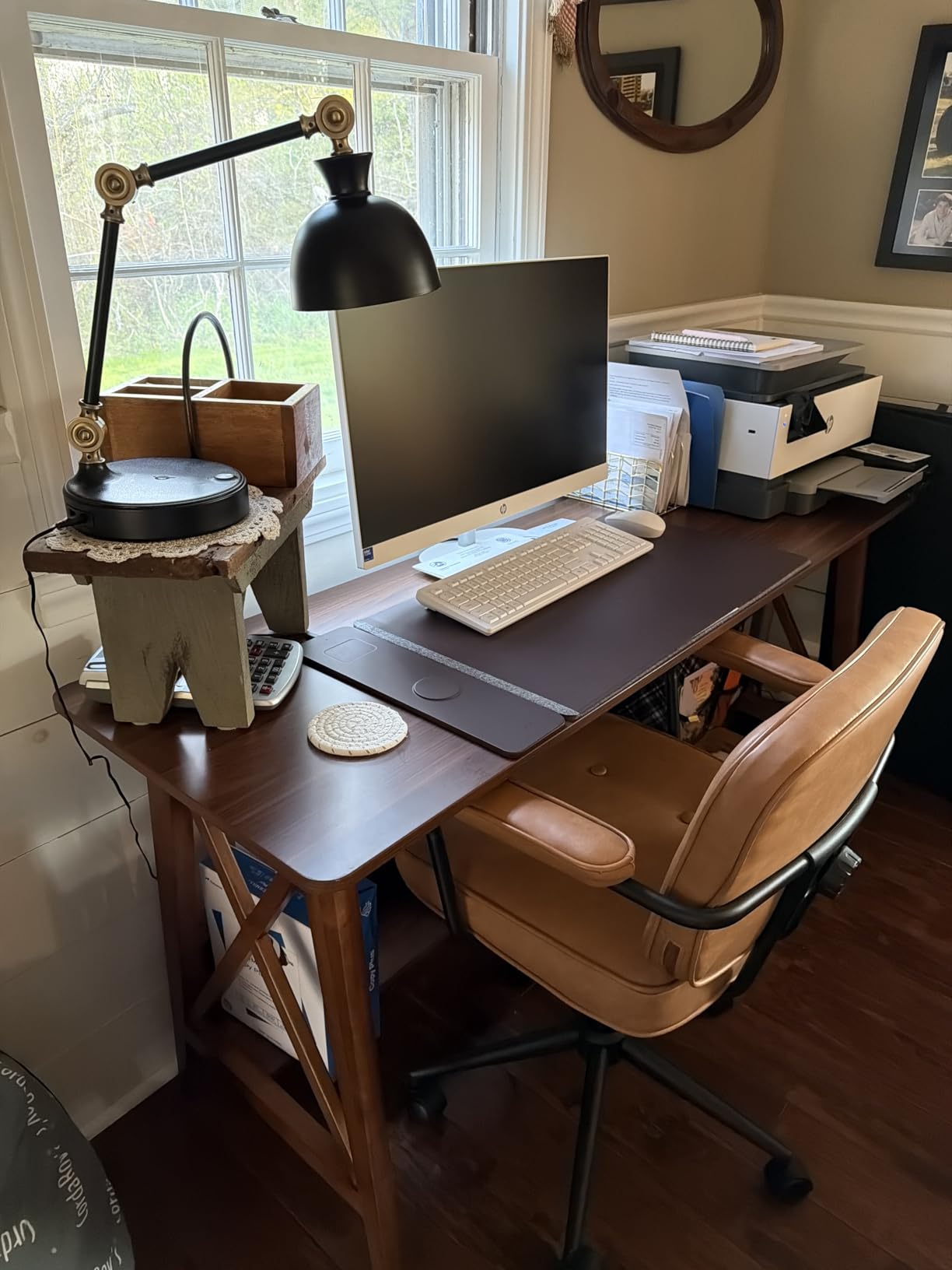 NELYE Extra Long Desk with Bookshelf - Wooden Home Office Work Study Table, Writing Computer Workstation with Storage Shelf in Walnut, 55