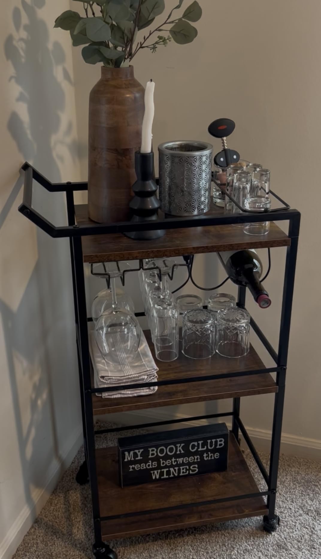 LOTEYIKE 3 Tier Bar Cart, Mini Liquor Utility Cart for Wine Beverage Dinner Party, Rolling Wine Coffee Drink Serving Cart with Lockable Wheels for Home Kitchen Bars (Rustic Brown) customer photo 1