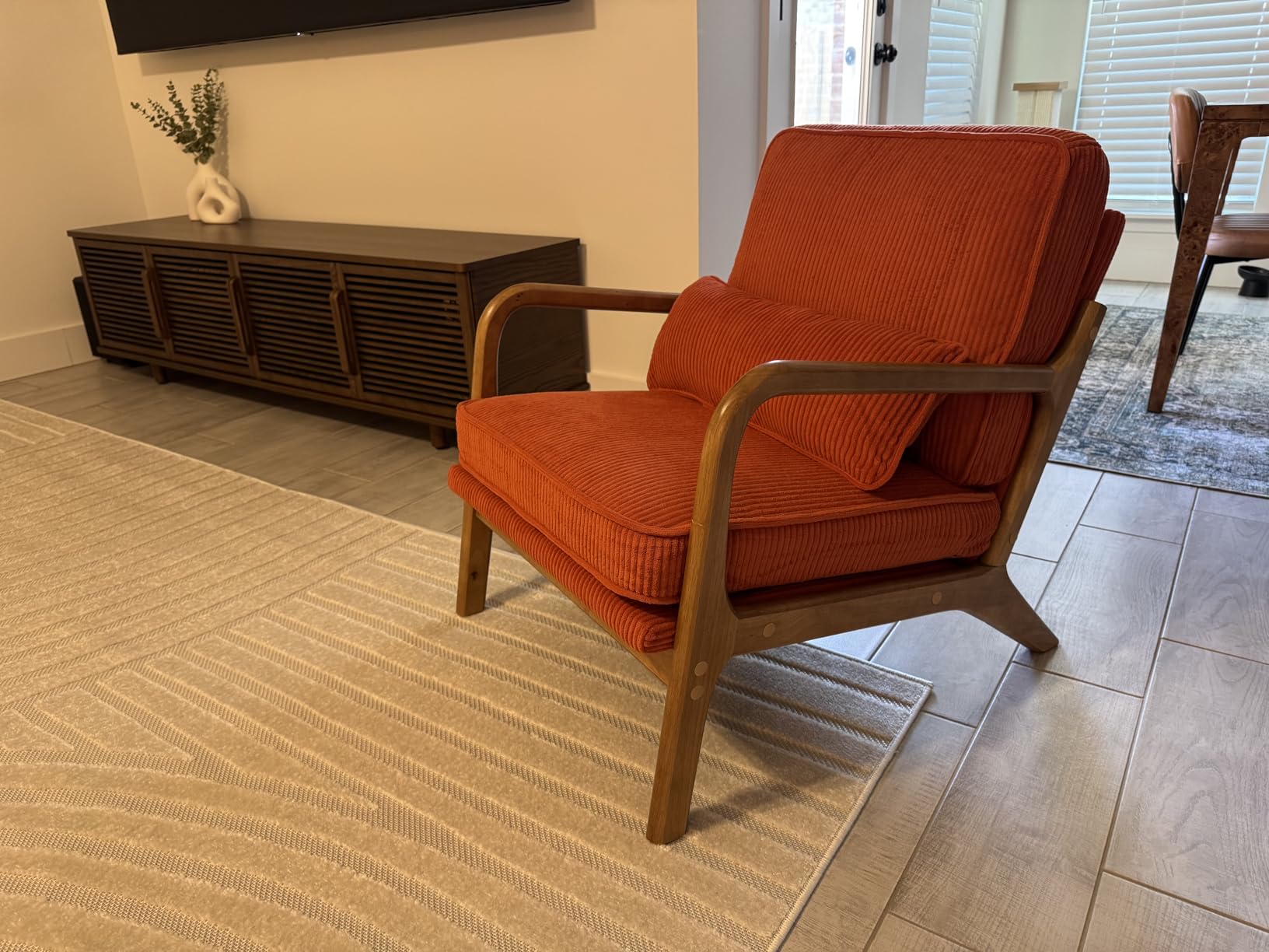 VINGLI Upgraded Premium Corduroy Accent Chair,Upholstered Arm Chair,Solid Wood Comfy Reading Chair with Pillow, Mid Century Modern Chairs for Living Room,Bedroom,Guest Room,Green customer photo 2