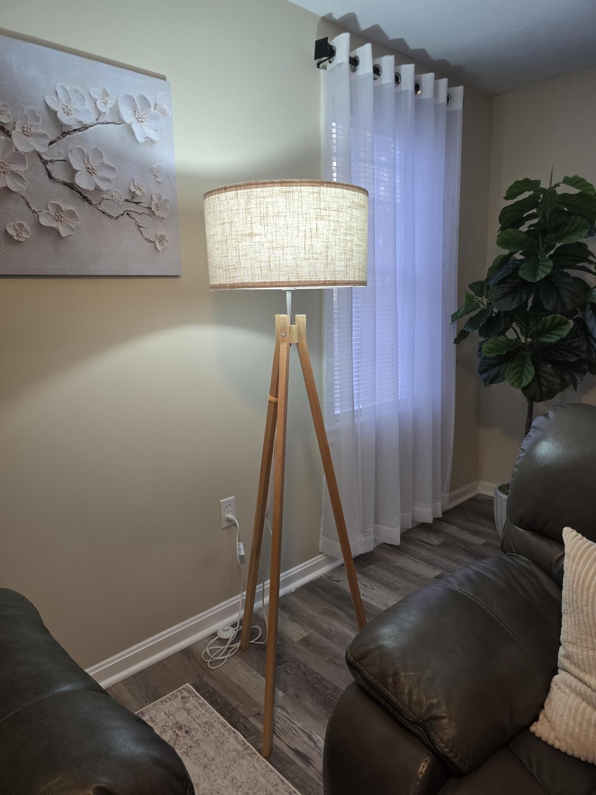 ELYONA Farmhouse Wood Tripod Floor Lamp, Modern Reading Standing Lamp with 3 Color Temperatures LED Bulb & Nature Linen Shade, Night Light for Living Room, Bedroom, Study Room, Office, Grey customer photo 1