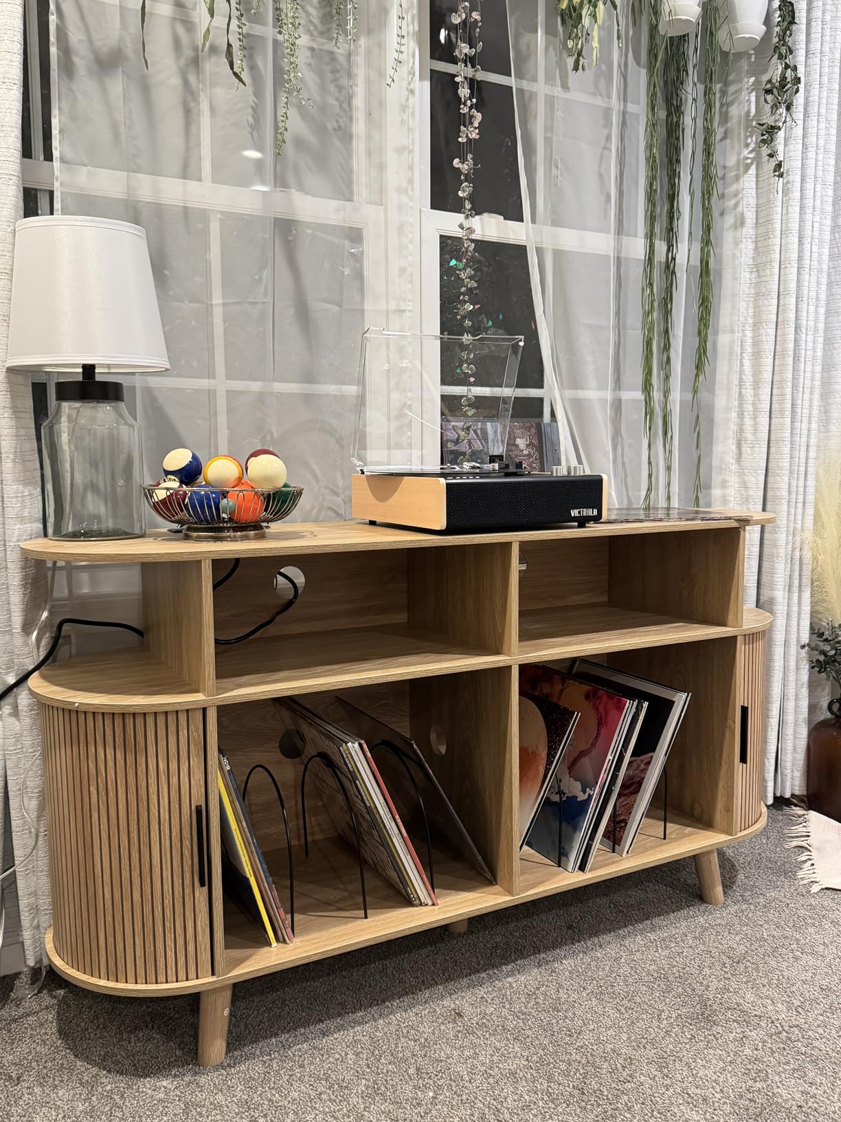LUVIOHOME Large Round Record Player Stand with Charging Station & USB Ports, Record Storage Cabinet, Mid Century Modern Turntable Stand for Bedroom Living Room (Walnut) customer photo 1