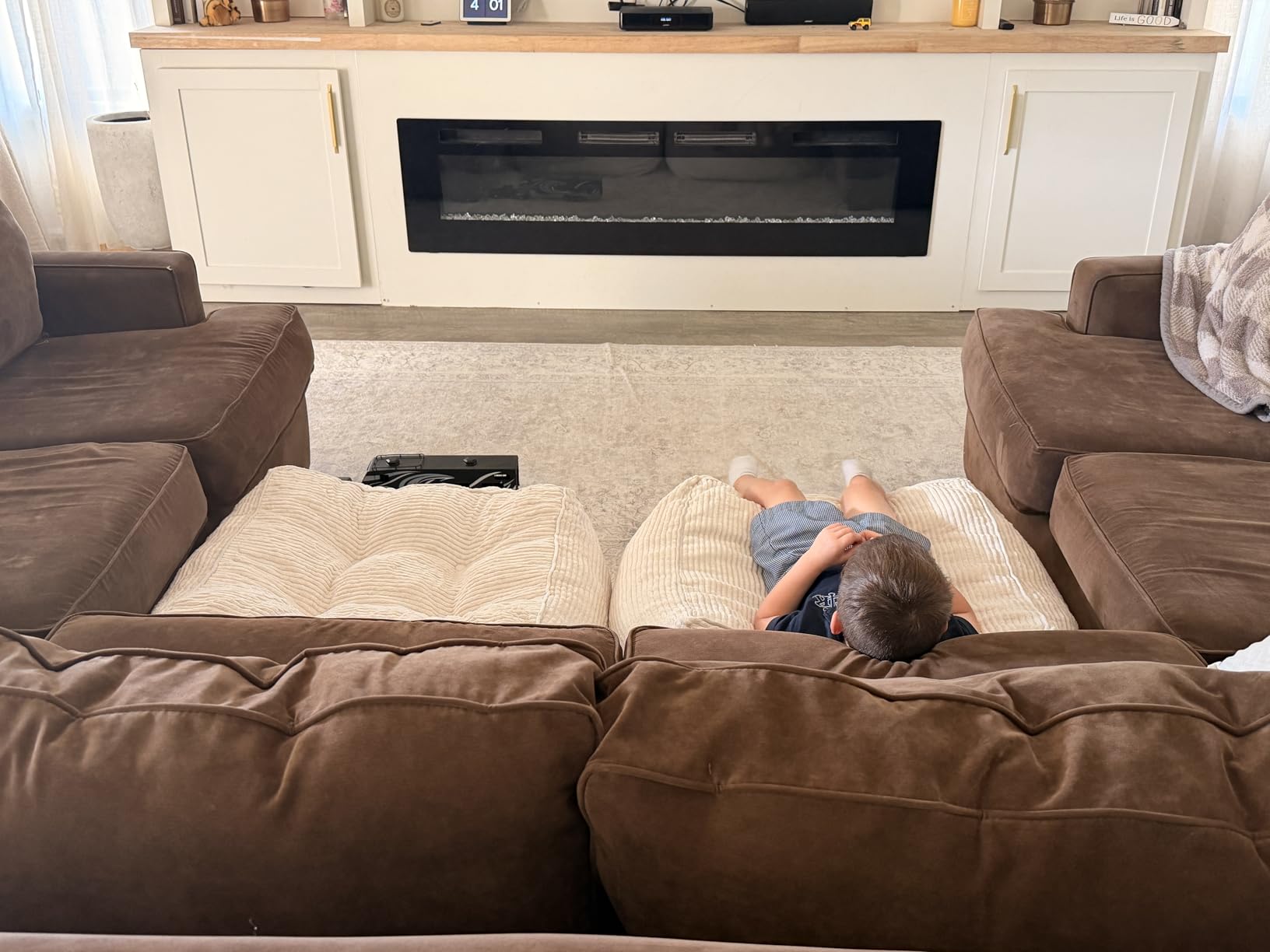 HIGOGOGO Square Stuffed Pouf Ottoman, Corduroy Poufs with Foam Chunk Filling, Furry and Fluffy Pouf Foot Stool Storage Ottoman, 21 X 21 Floor Poufs Foot Rest for Living Room, Beige customer photo 1
