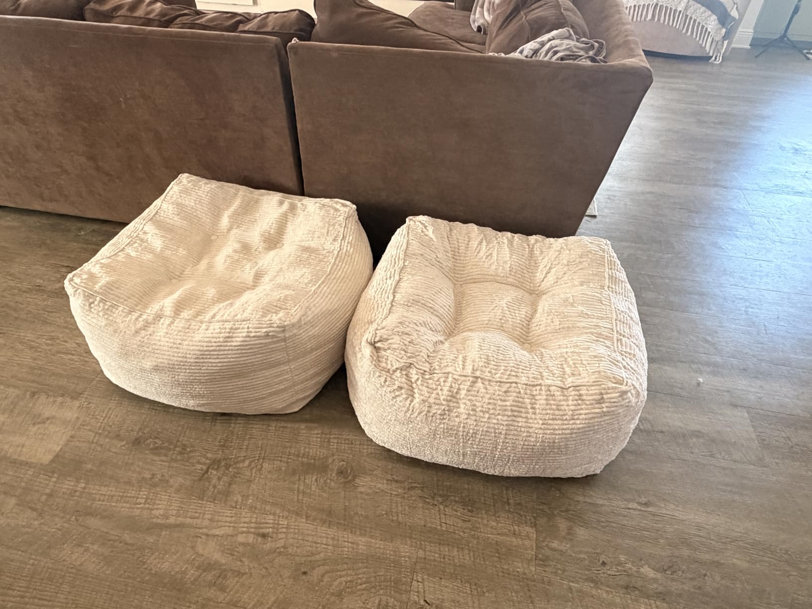 HIGOGOGO Square Stuffed Pouf Ottoman, Corduroy Poufs with Foam Chunk Filling, Furry and Fluffy Pouf Foot Stool Storage Ottoman, 21 X 21 Floor Poufs Foot Rest for Living Room, Beige customer photo 2